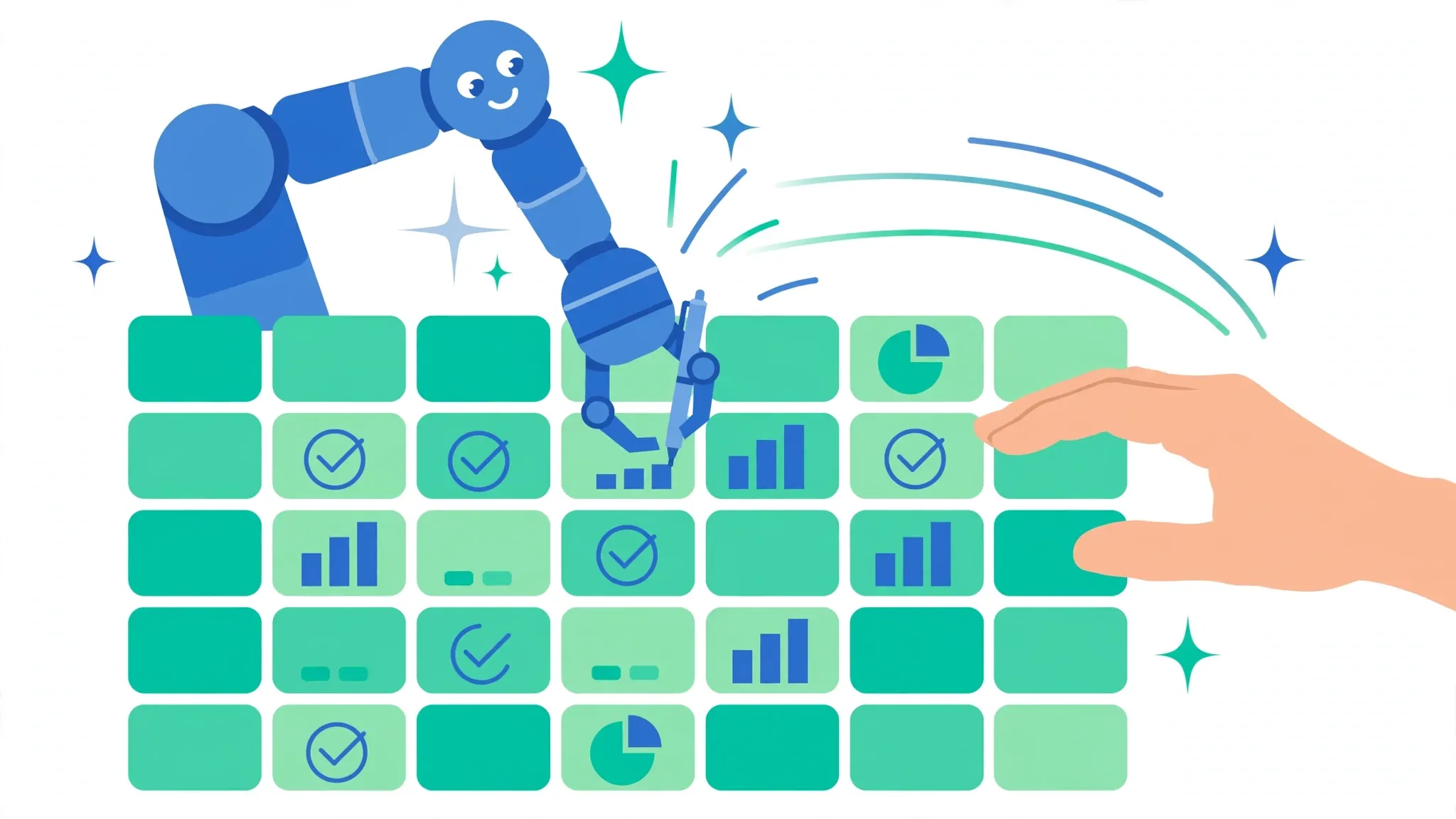 Robot arm filling spreadsheet cells automatically, representing automated CSV ingestion into Excel reports
