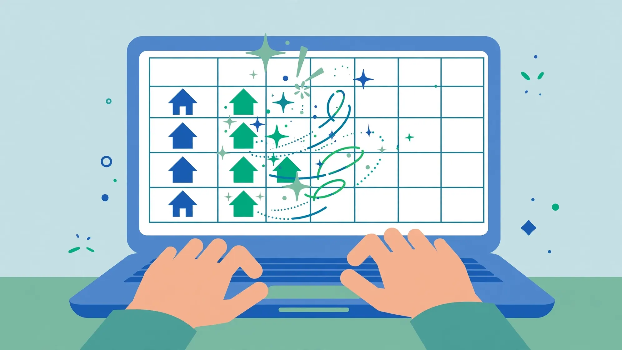 Hands typing on a laptop while Excel Flash Fill automatically completes a column with sparkles
