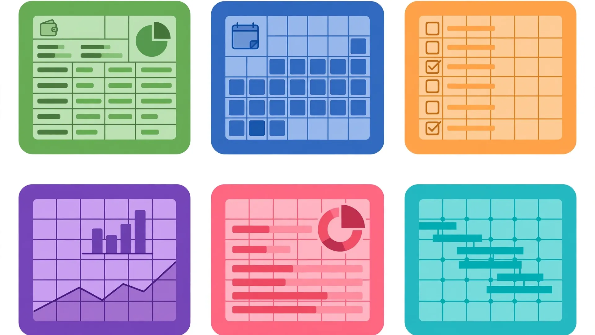 Gallery of clean spreadsheet template thumbnails showing consistent professional structure