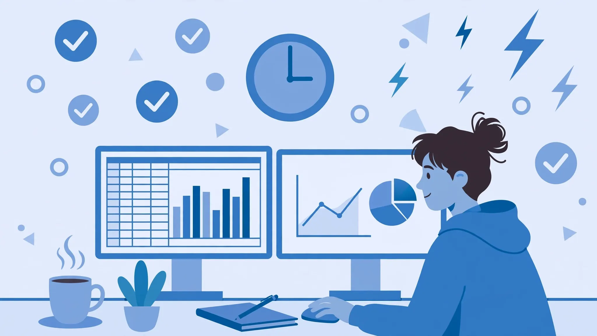 Person working at a desk with spreadsheets representing confident modern file-format choices