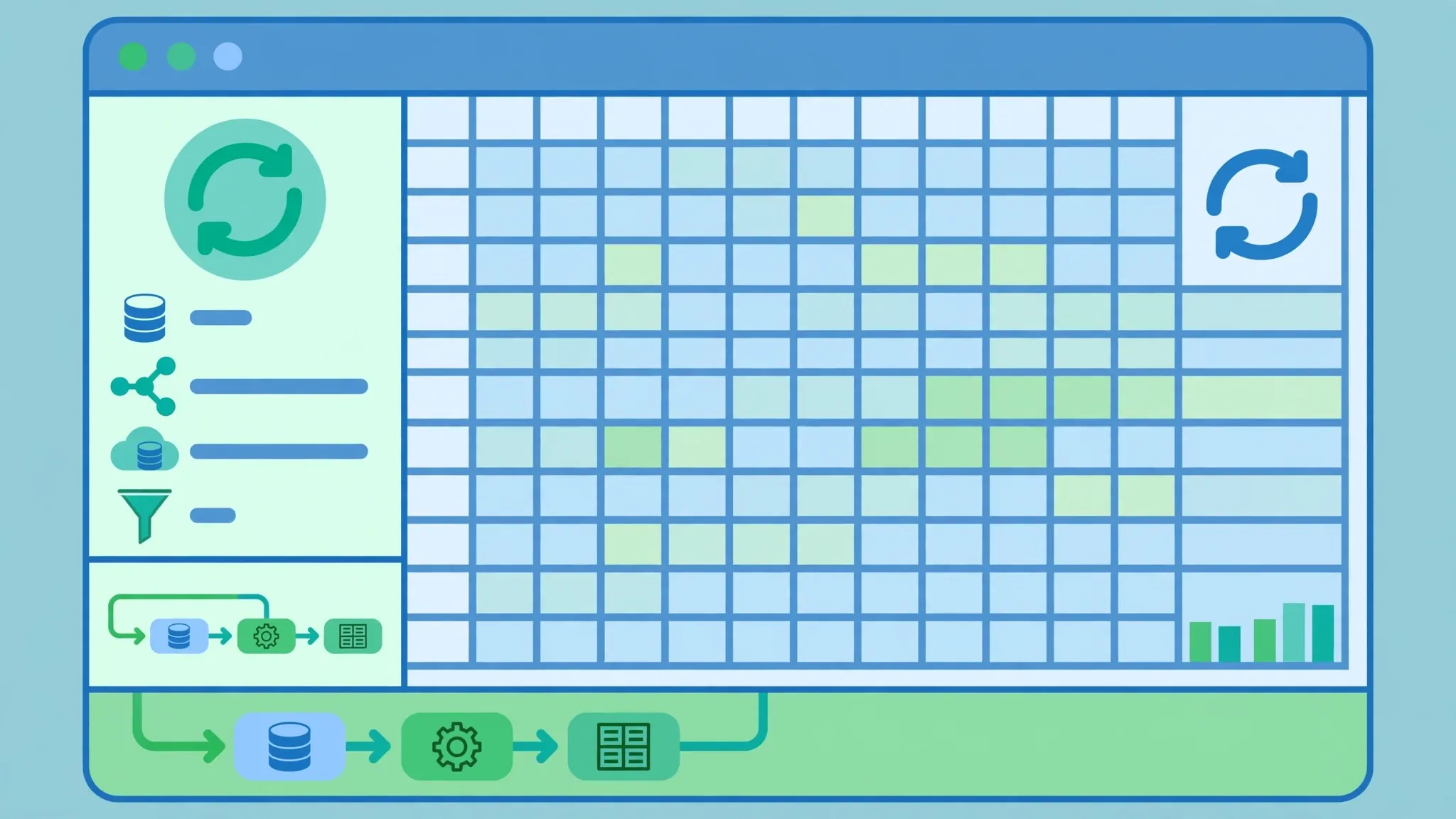 Spreadsheet showing a data connections panel with sync arrows, depicting the layers of Excel refresh options