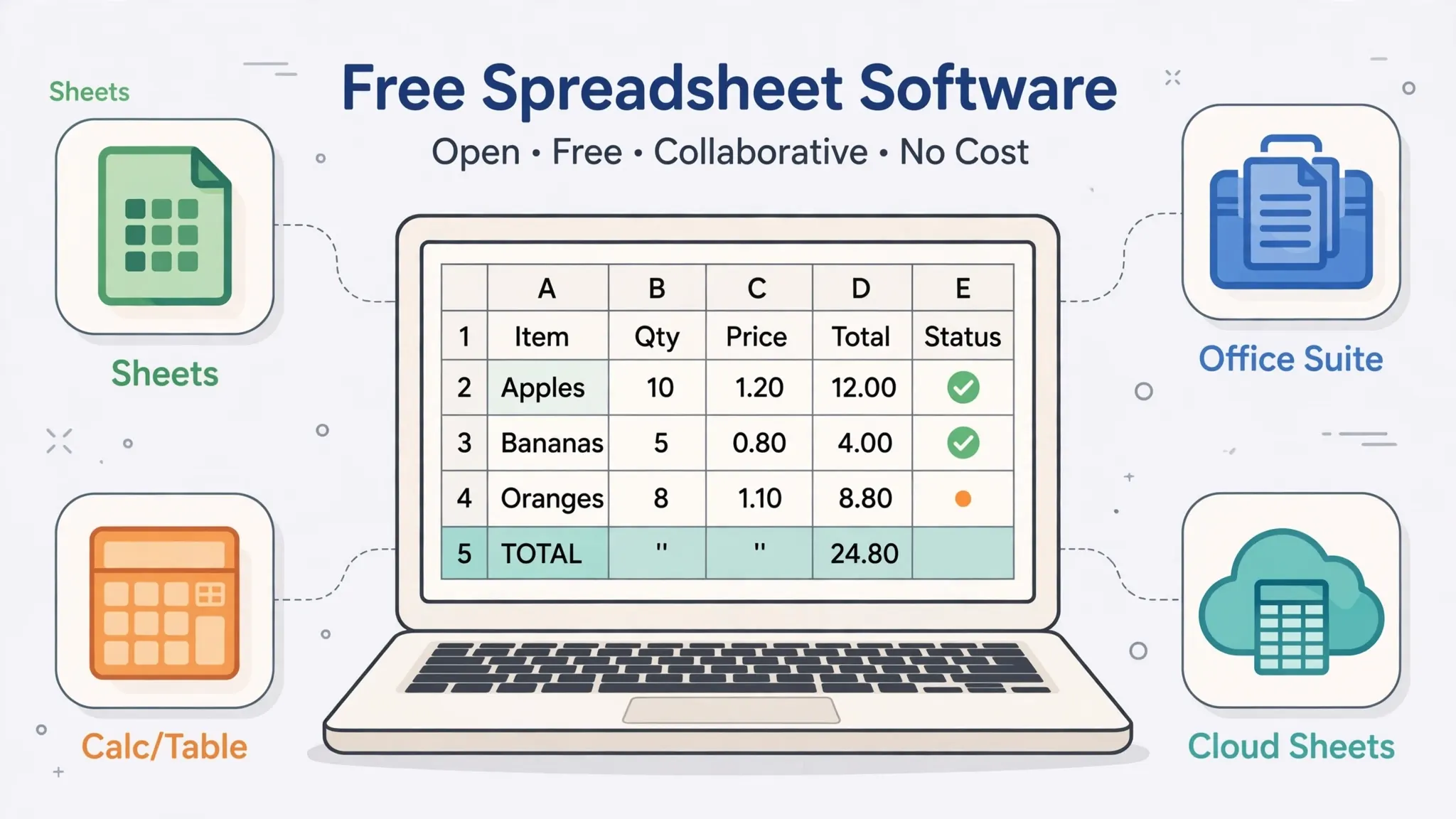 Flat vector illustration of a laptop surrounded by free spreadsheet app icons including Excel Online alternatives