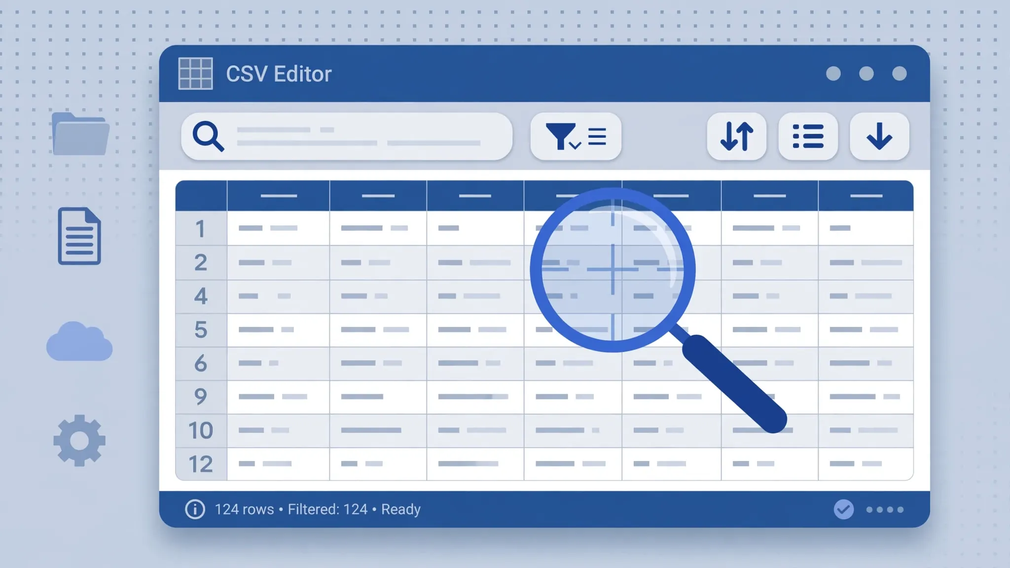 Flat vector illustration of a CSV editor application window inspecting a large data file before import into Excel or Power BI