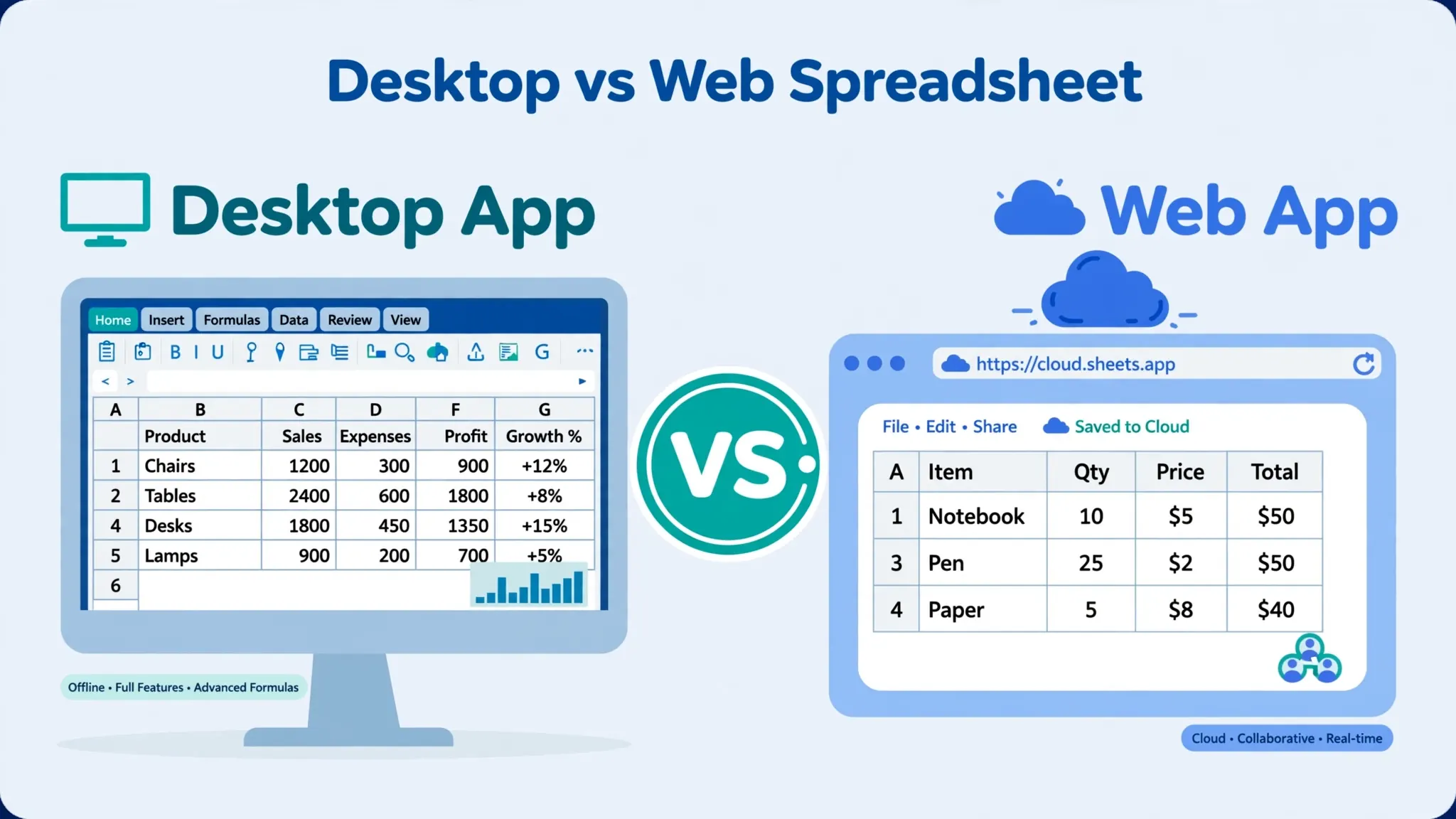 Flat vector illustration comparing a desktop monitor with full Excel ribbon against a web browser window showing Excel Online