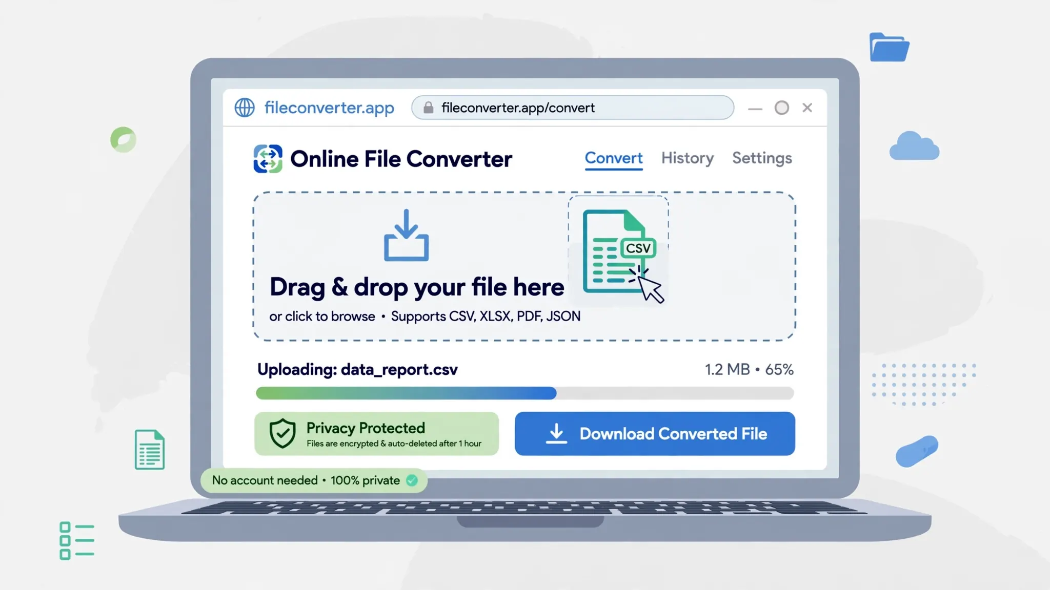 Flat vector illustration of a browser-based converter tool preparing CSV data for import into Excel or Power BI