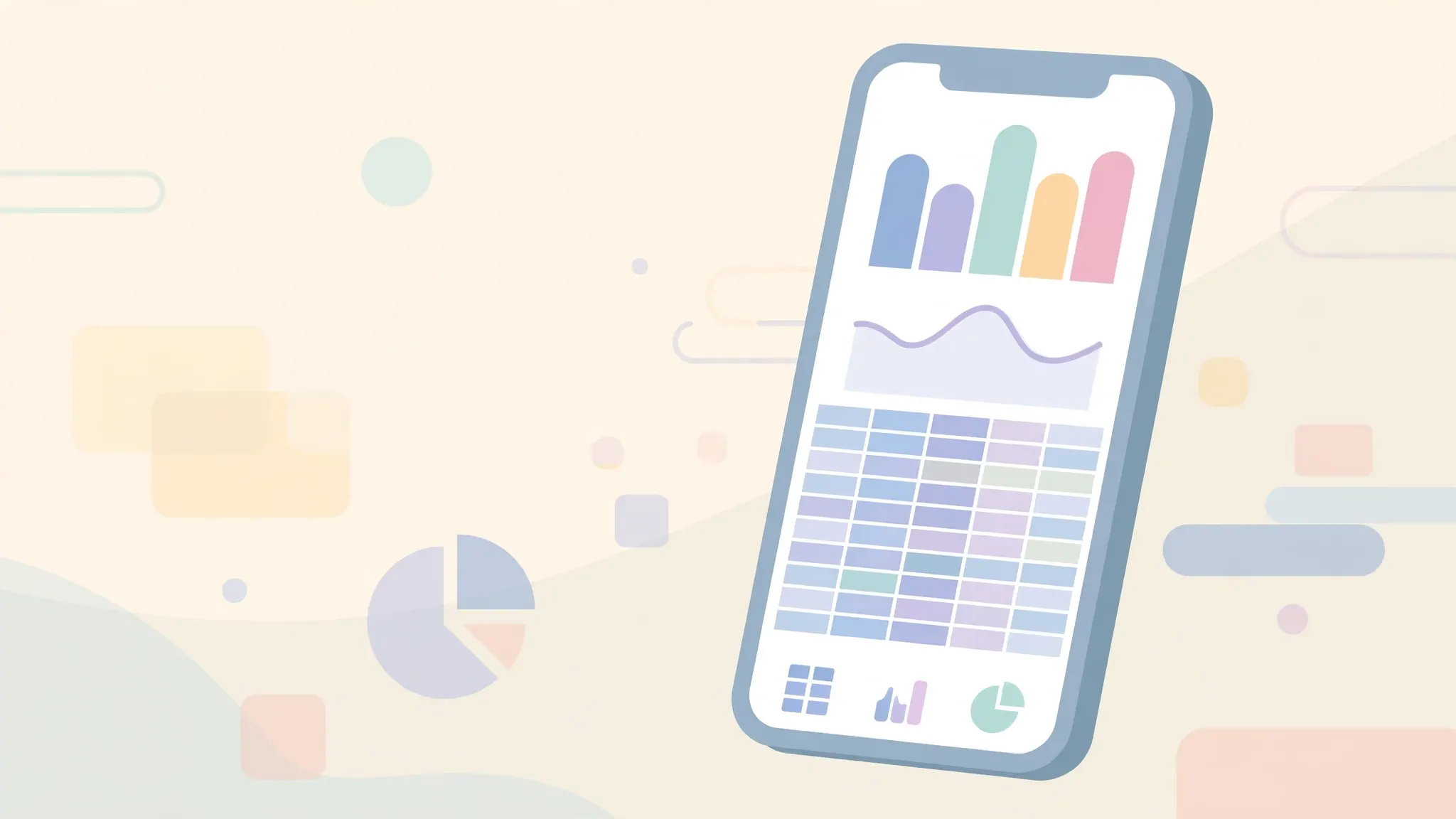 iPhone displaying a spreadsheet app with elegant tables and charts in a minimalist design