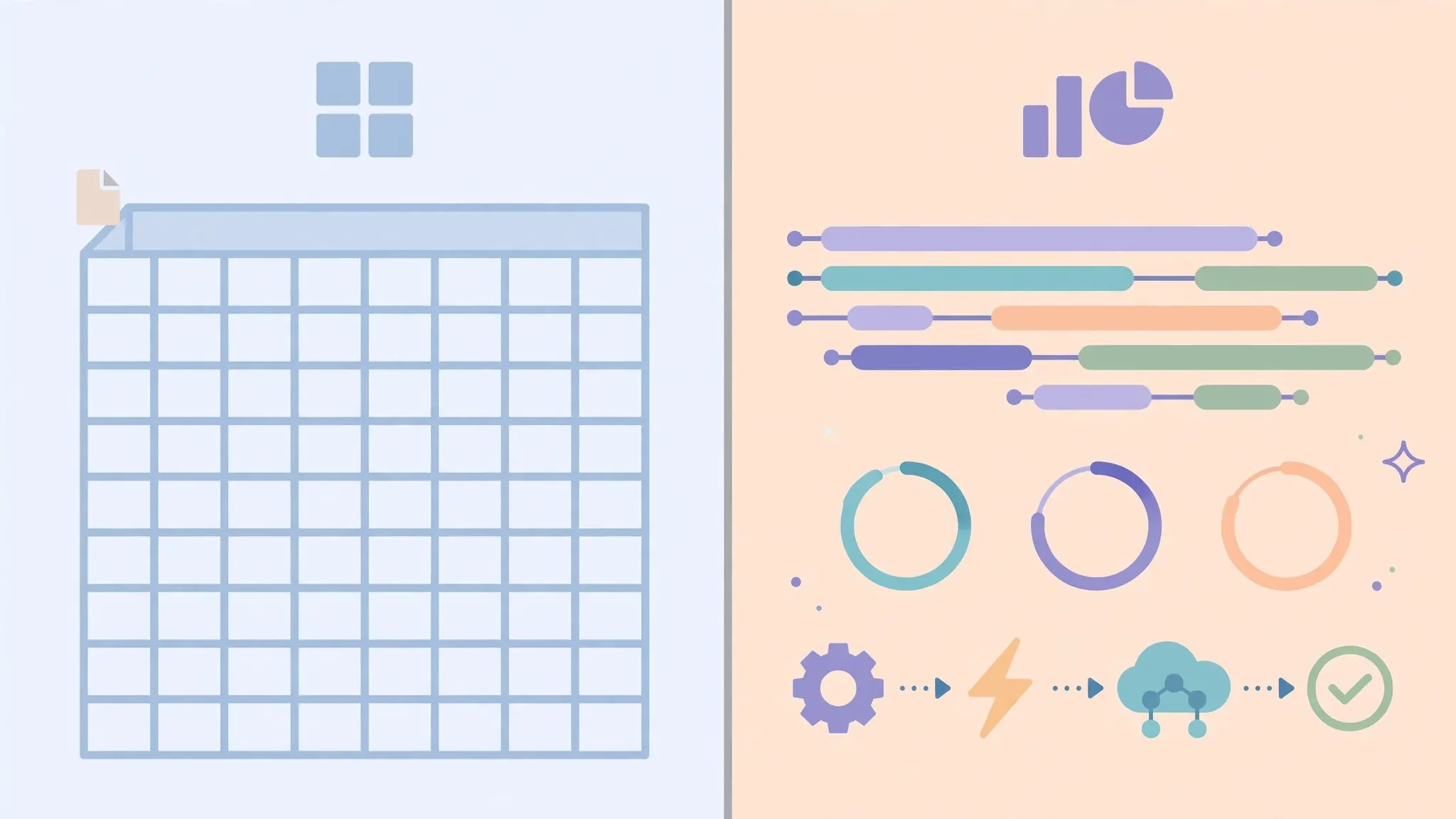 Split-screen: plain spreadsheet grid on the left versus a project dashboard with Gantt chart, progress rings and automation workflow icons on the right