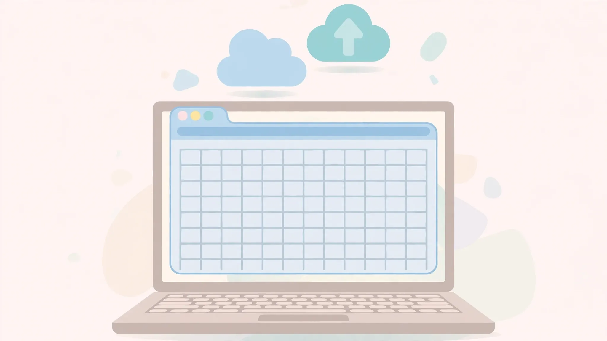 Laptop with a web browser open on an online spreadsheet editor, with cloud and upload icons above
