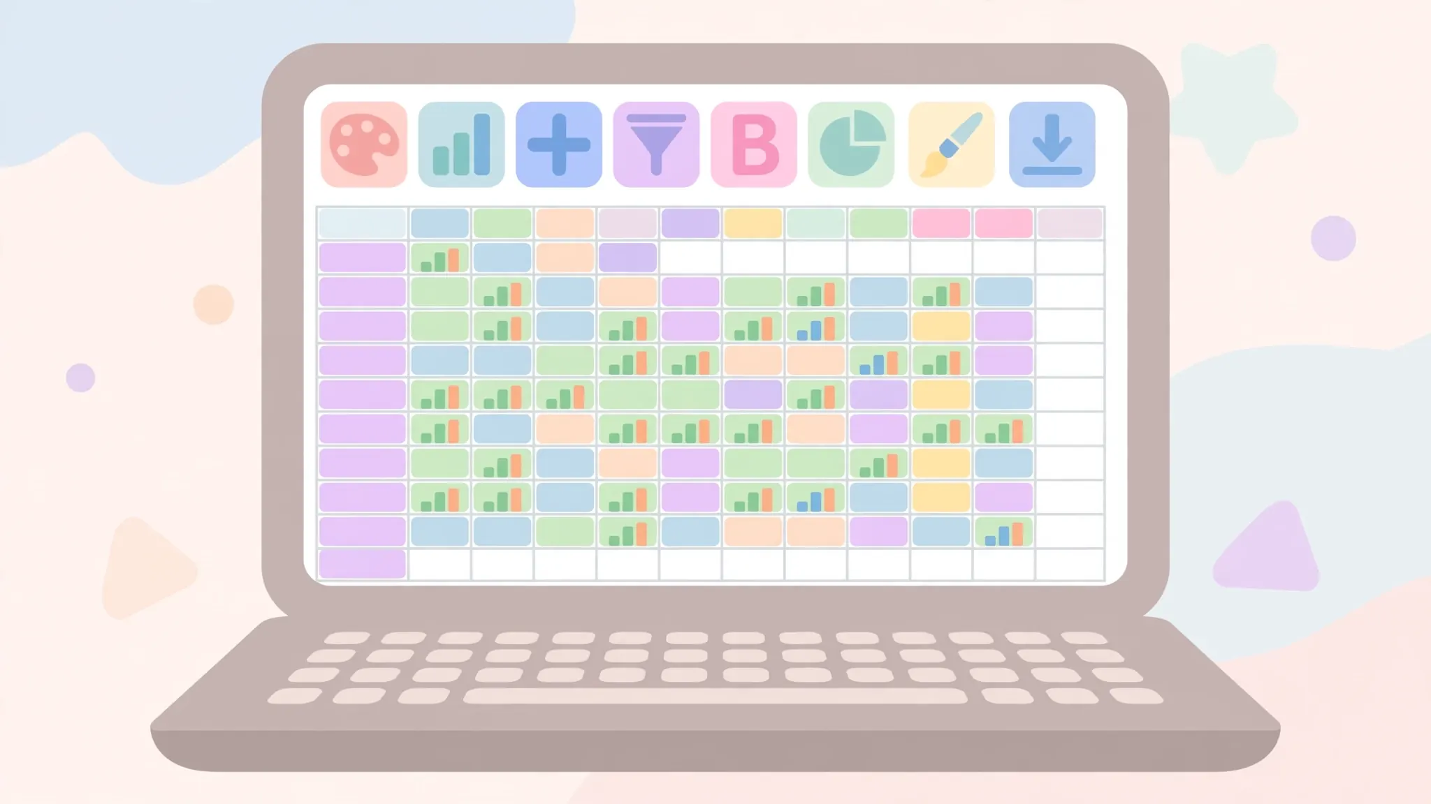 Laptop showing a free office suite spreadsheet interface with a colorful toolbar and data grid