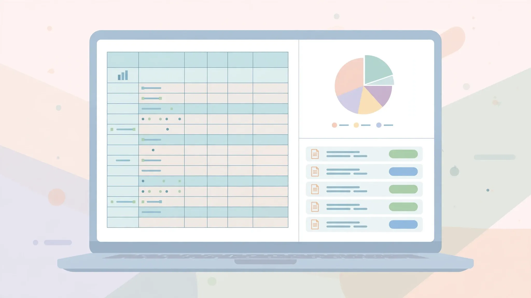 Business expense spreadsheet with a pie chart and an invoice list on a laptop screen