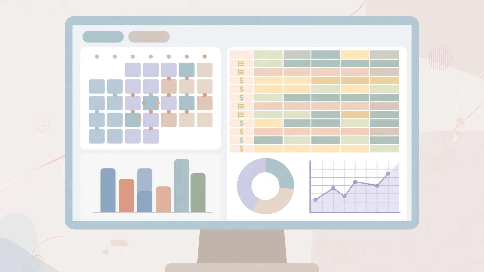 Employee leave calendar and payroll spreadsheet with charts on a computer screen