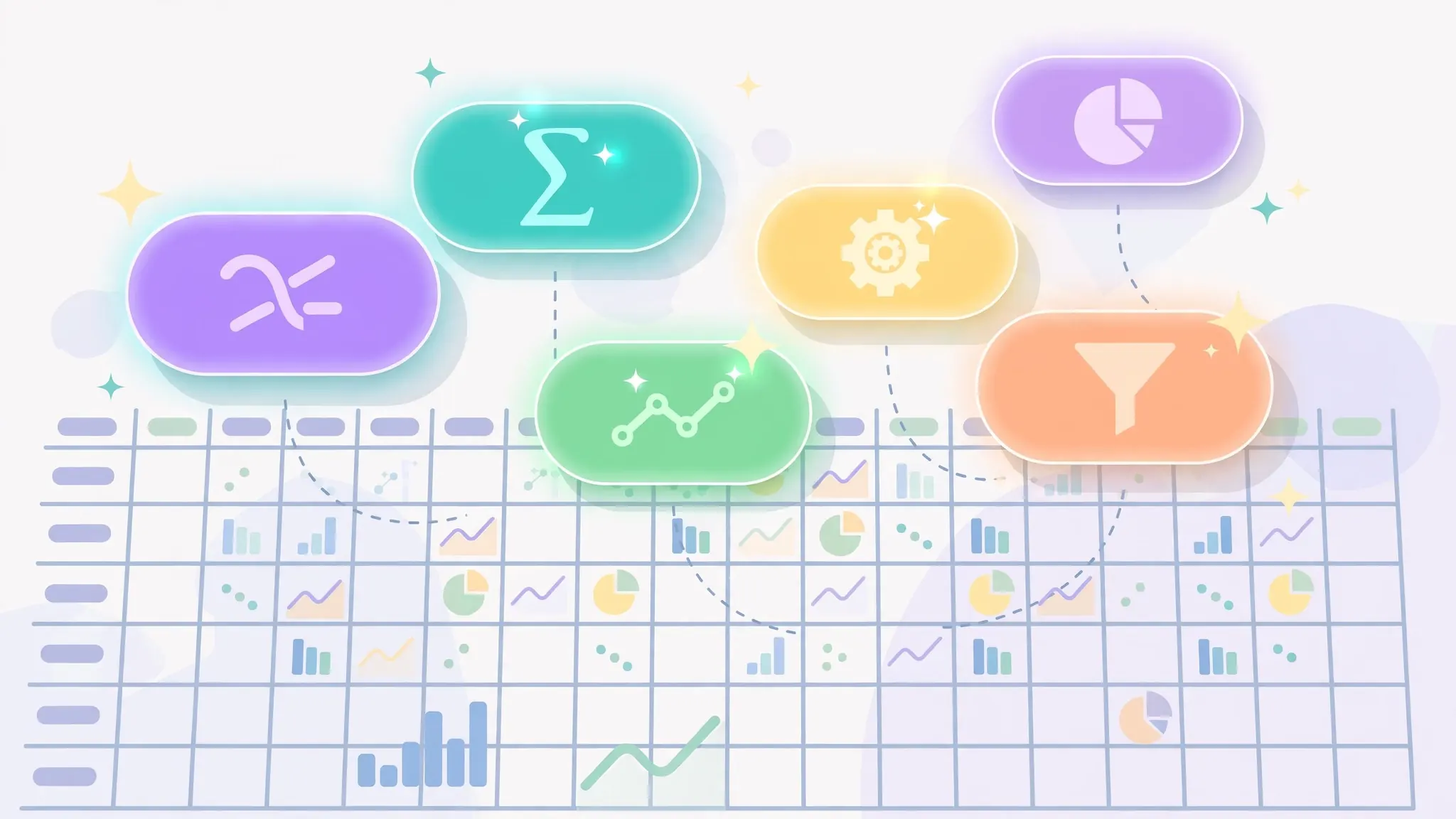 Spreadsheet formula concept with glowing function chips floating over a data grid with charts