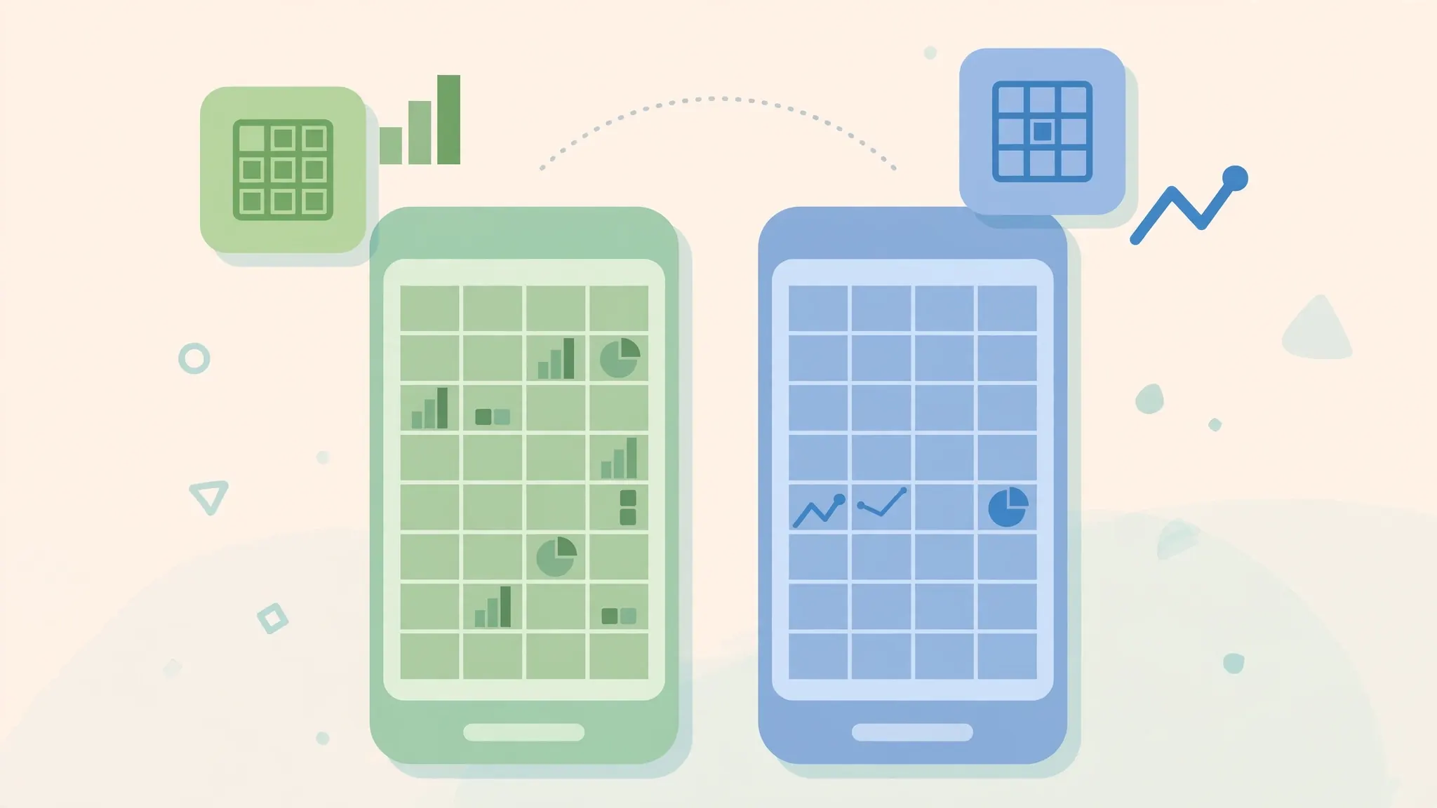 Two smartphones side by side showing different spreadsheet apps, with app icons floating above for comparison