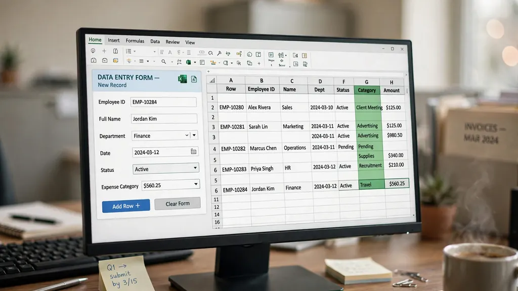 Excel data entry form on a monitor with labeled input fields and dropdowns beside a spreadsheet table filling with rows