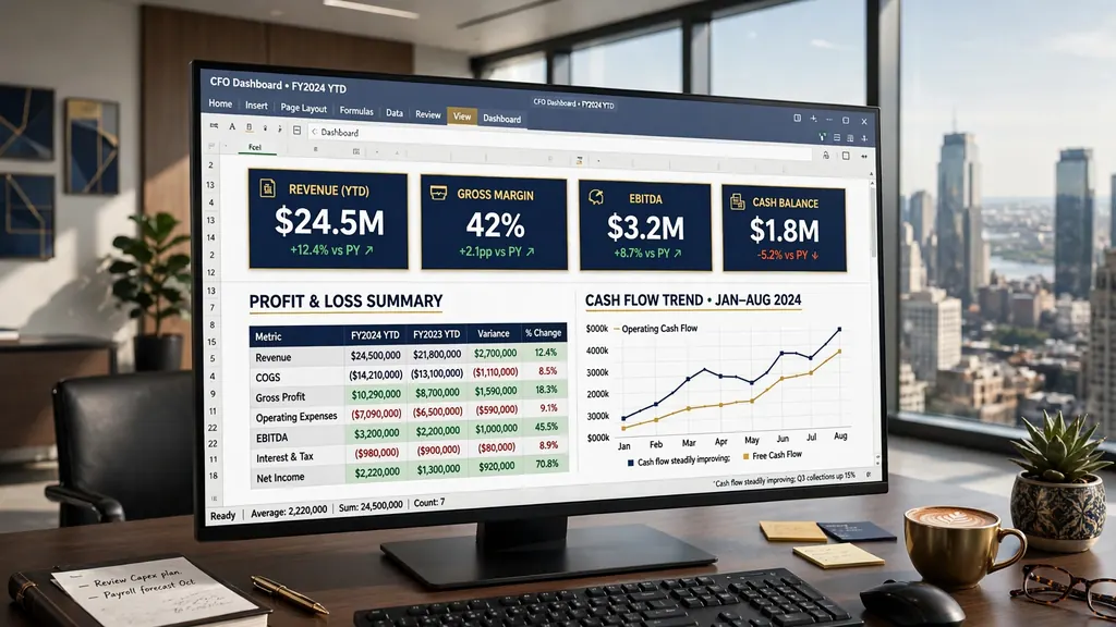 CFO-style finance dashboard in Excel on a large monitor showing profit and loss summary table, cash flow line chart, and KPI cards