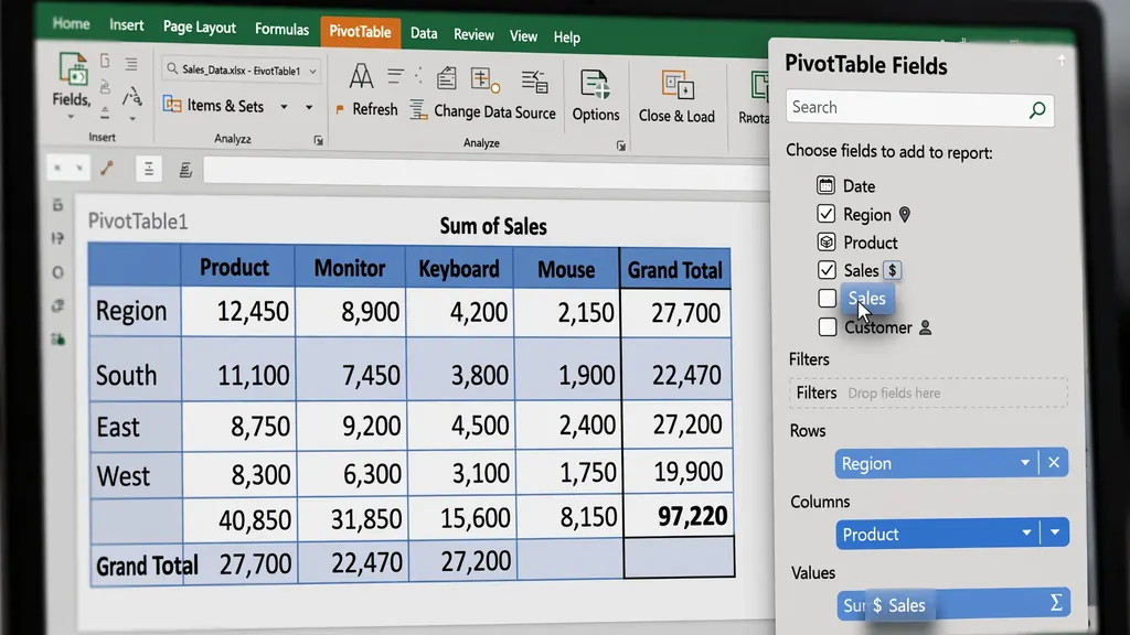 Pivot table in Excel summarizing profit and loss accounts from financial transaction data by department