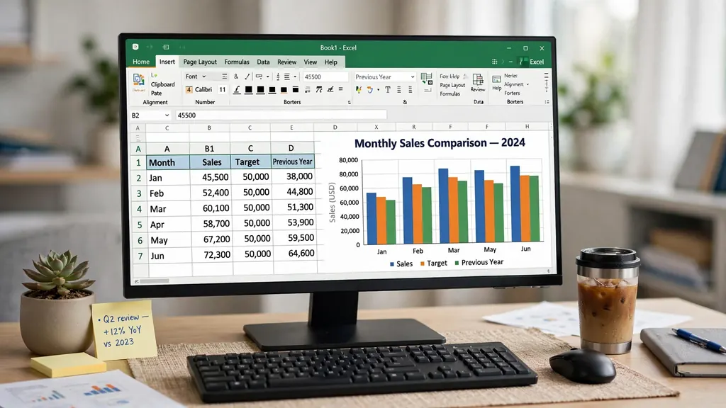 Bar chart in Excel comparing actual versus budgeted expenses by department on a finance dashboard