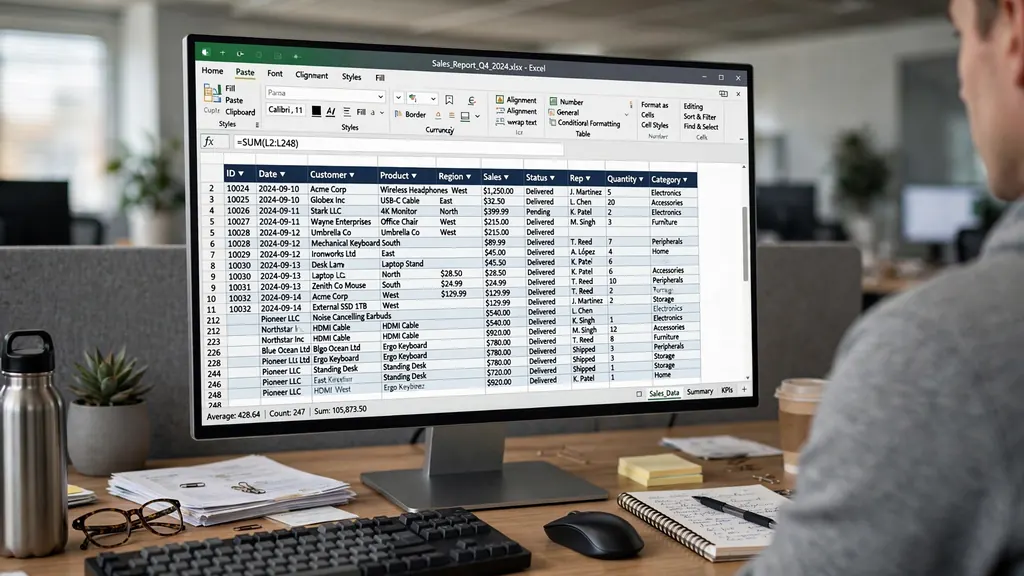 Clean sales data table in Excel with filter arrows on the header row and neatly formatted rows of daily sales records