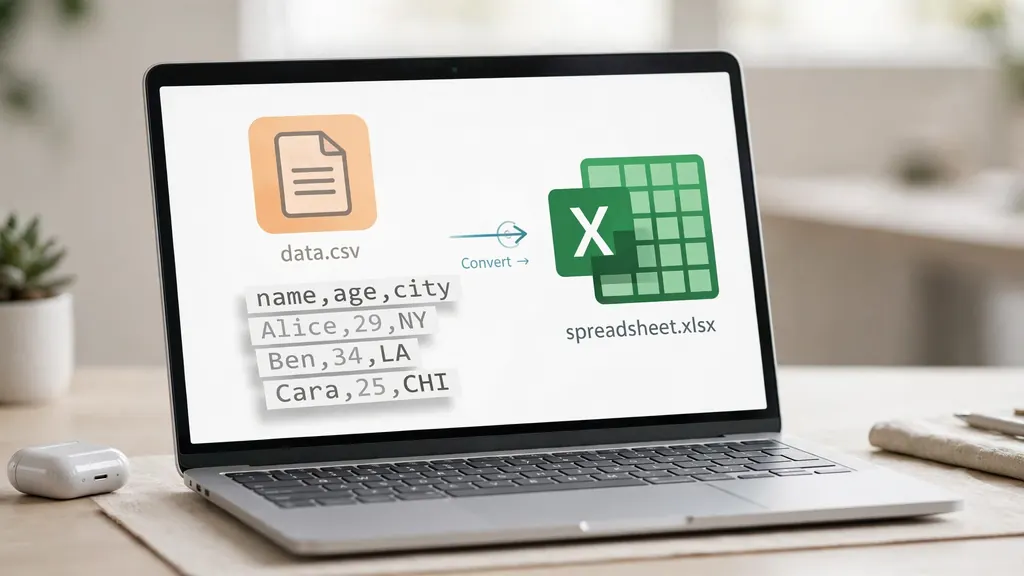 CSV file icon with data rows beside an Excel spreadsheet icon illustrating ad platform export conversion