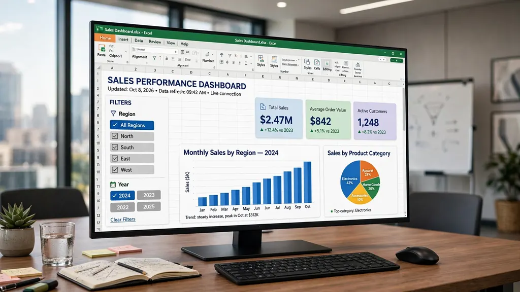 Interactive Excel finance dashboard with slicer buttons for department, region, and month filtering KPI tiles and charts