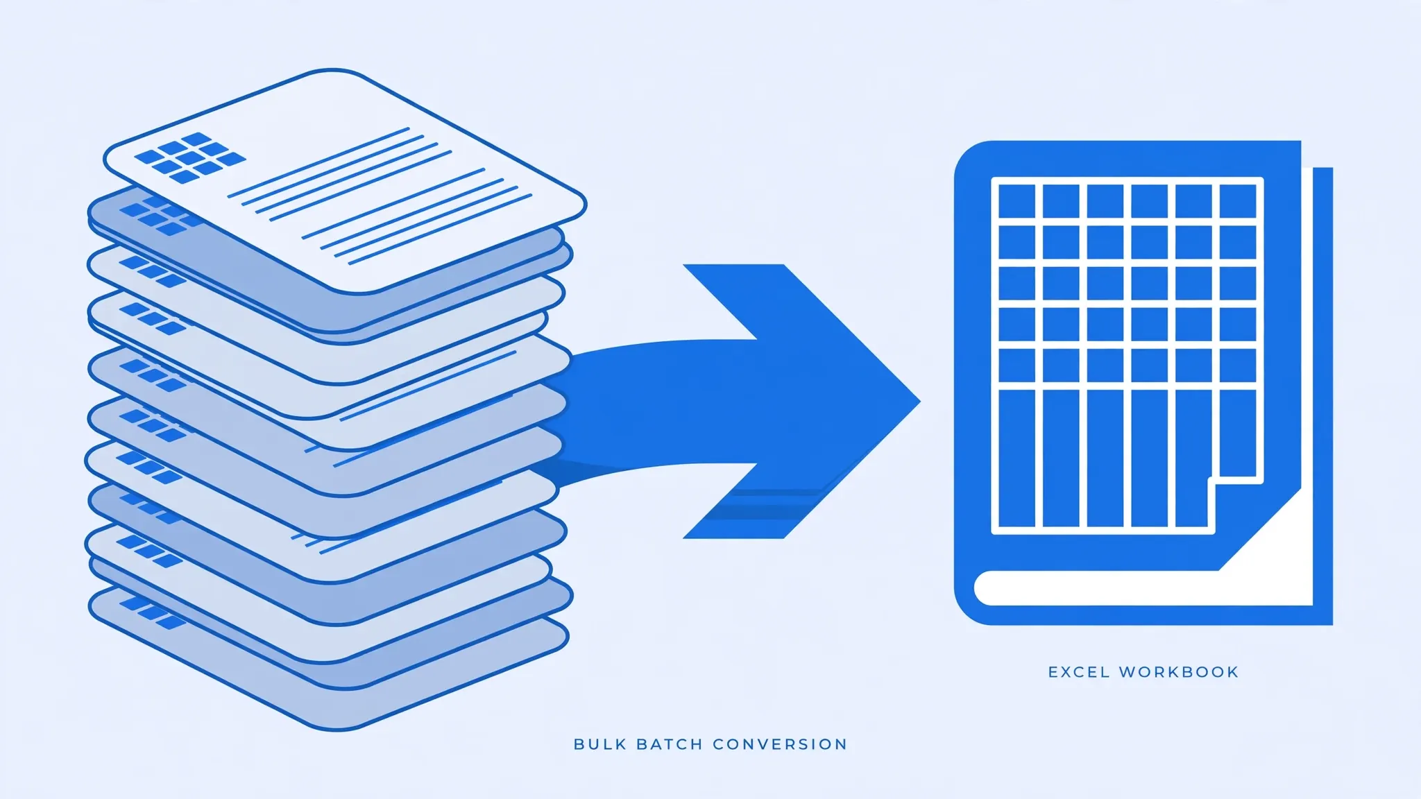 Tall stack of CSV document files with a blue arrow flowing into an Excel workbook, illustrating bulk CSV to XLSX batch conversion