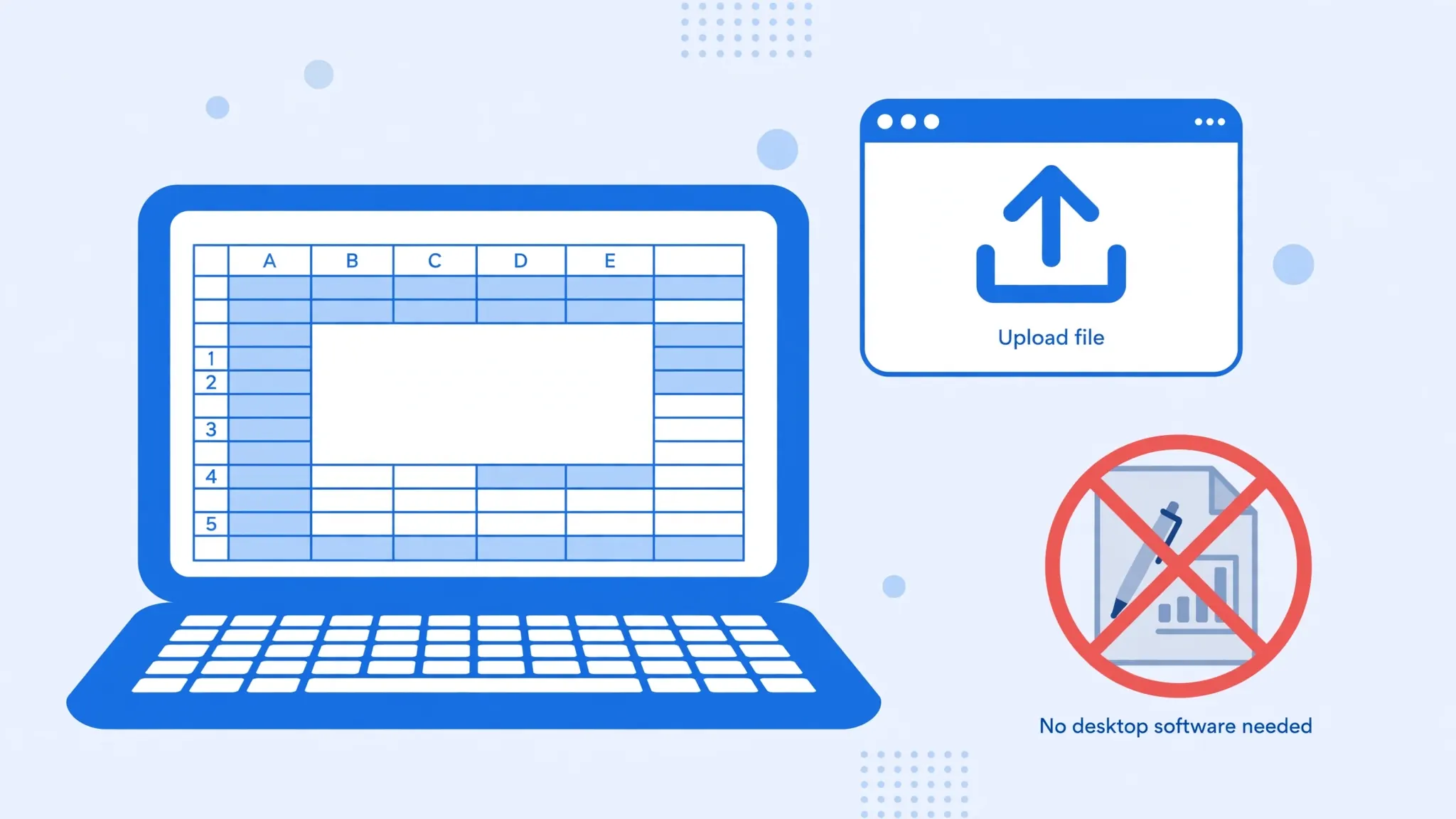Laptop with a spreadsheet on screen and a crossed-out office suite icon, showing free conversion without needing Microsoft Excel installed
