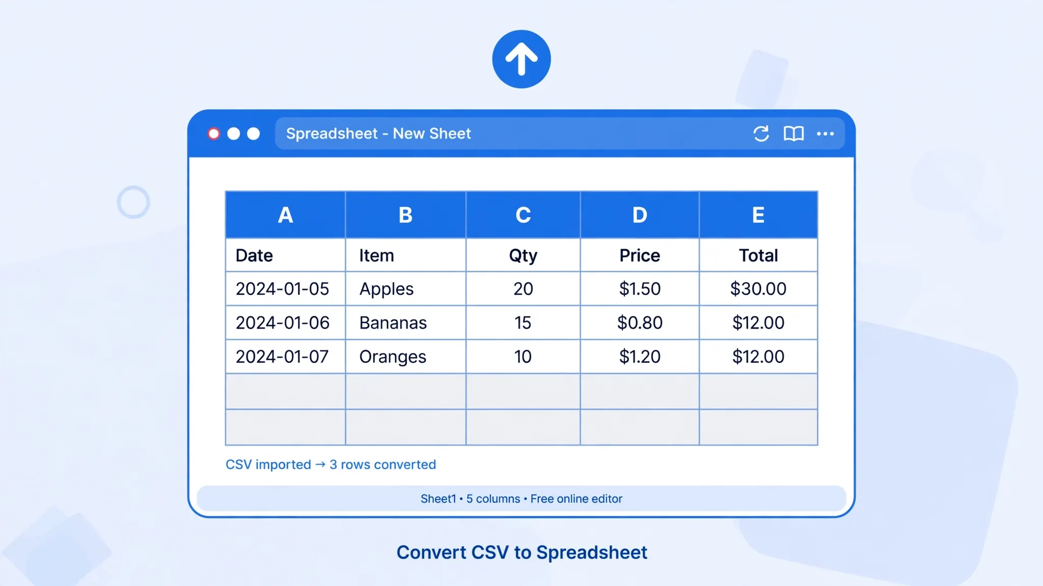 Browser window showing a spreadsheet, illustrating the Google Sheets method of converting CSV to XLSX online for free