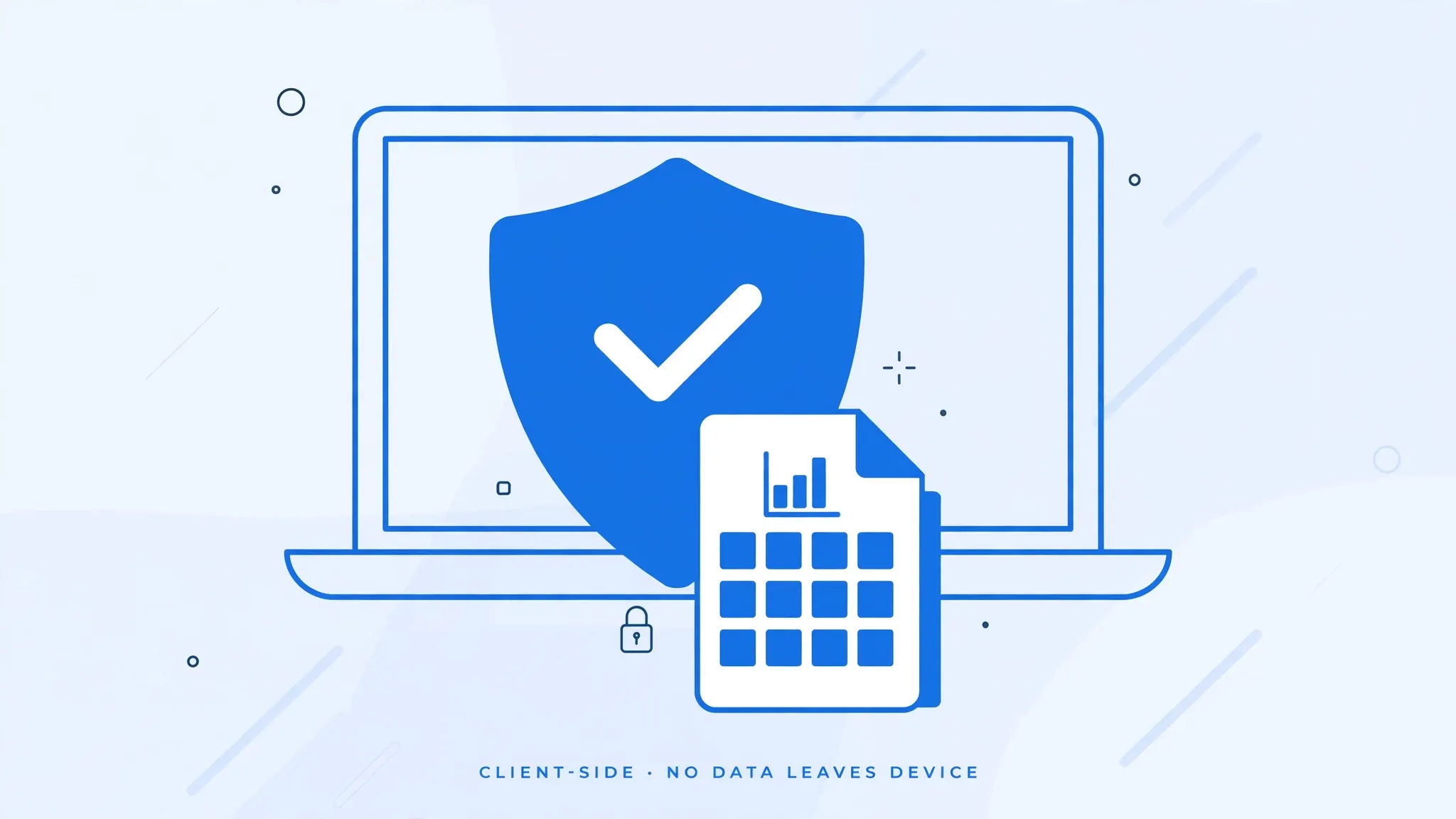 Blue shield with a checkmark protecting a spreadsheet file on a laptop, illustrating private client-side free CSV to Excel conversion