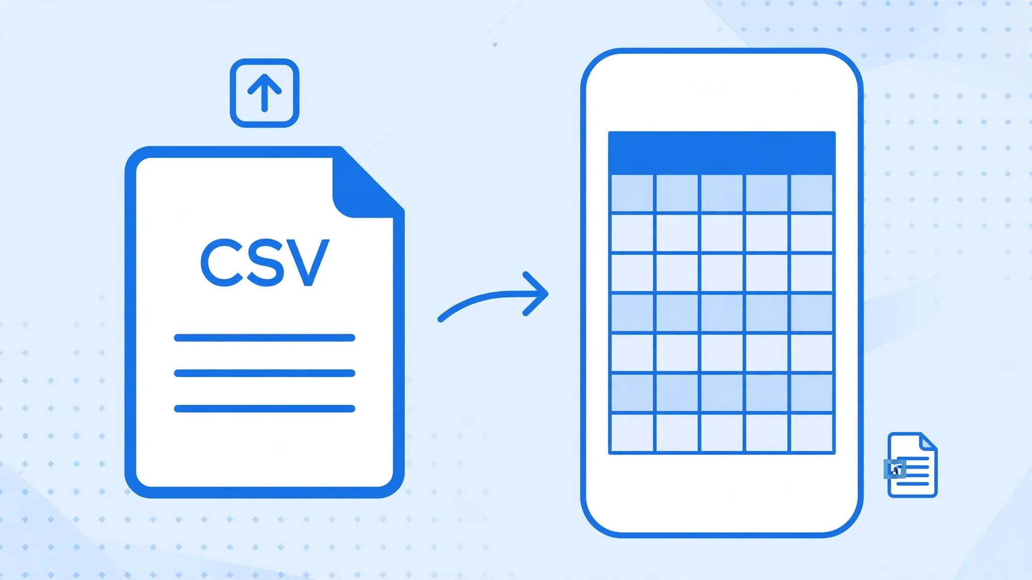 Smartphone displaying a spreadsheet grid with an upload arrow and CSV icon, showing free CSV to Excel conversion on mobile