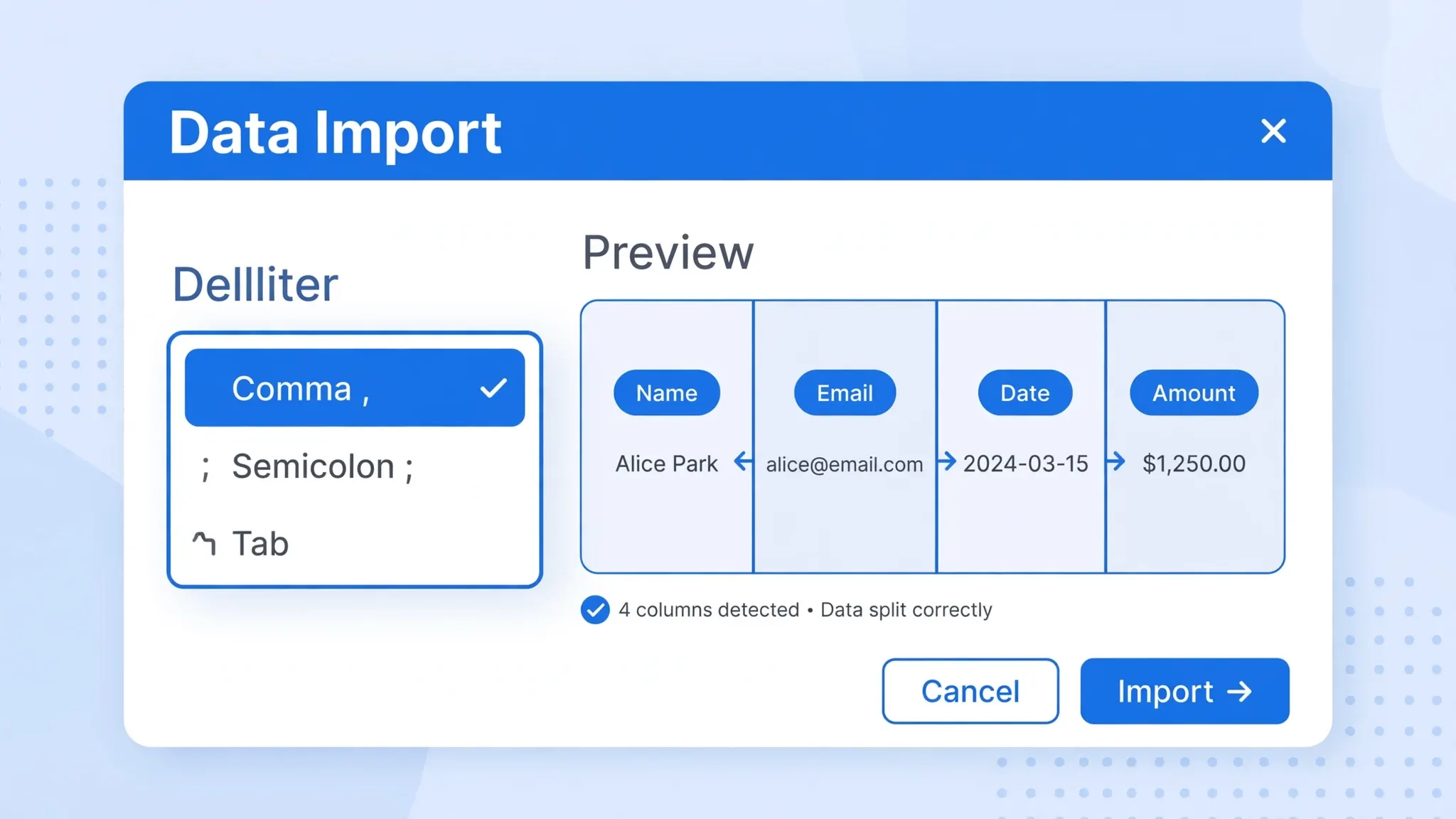 Data import dialog with delimiter selection dropdown, for importing CSV into Excel without losing data