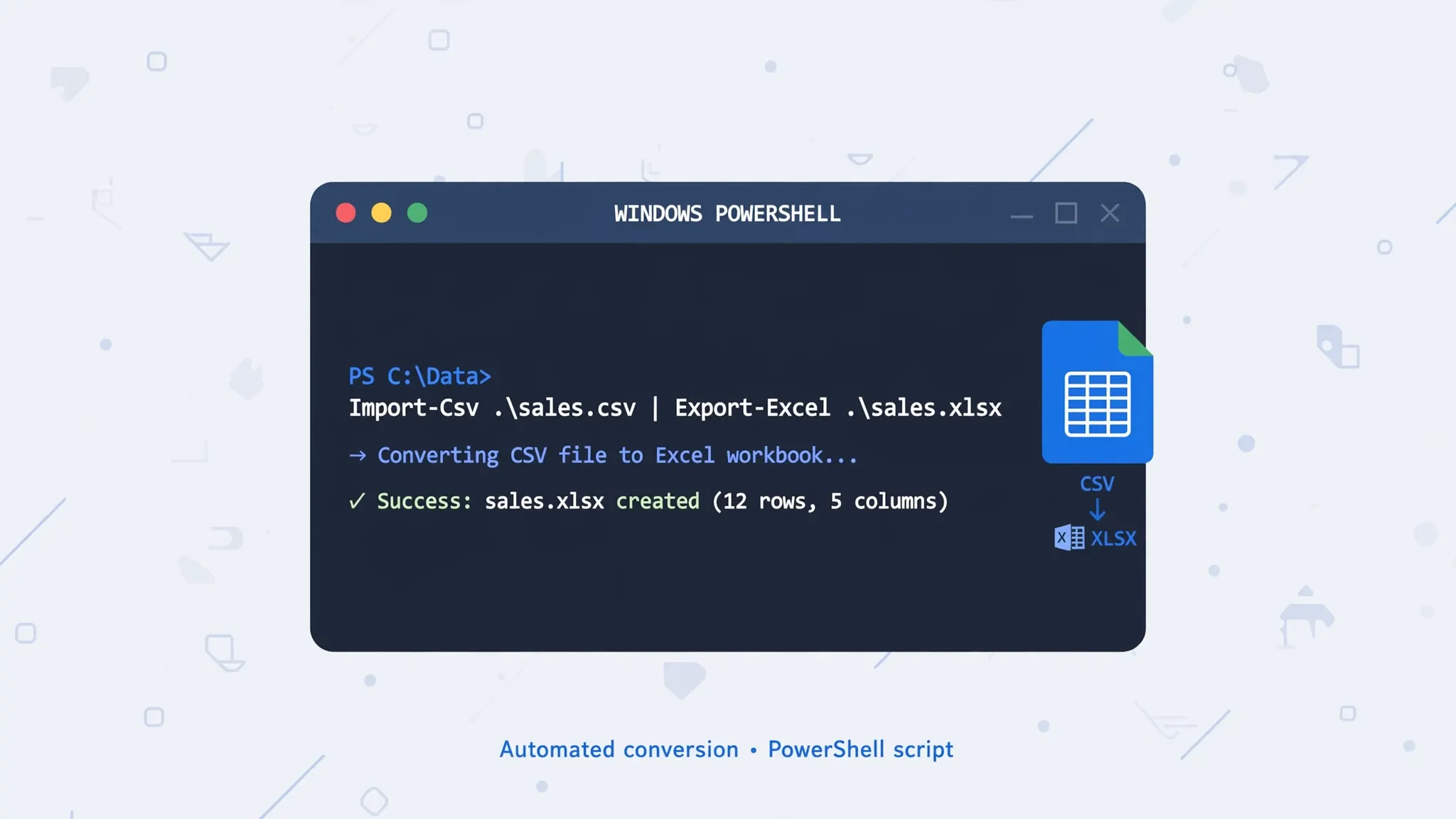 Terminal window illustration representing the PowerShell method of converting CSV to XLSX on Windows
