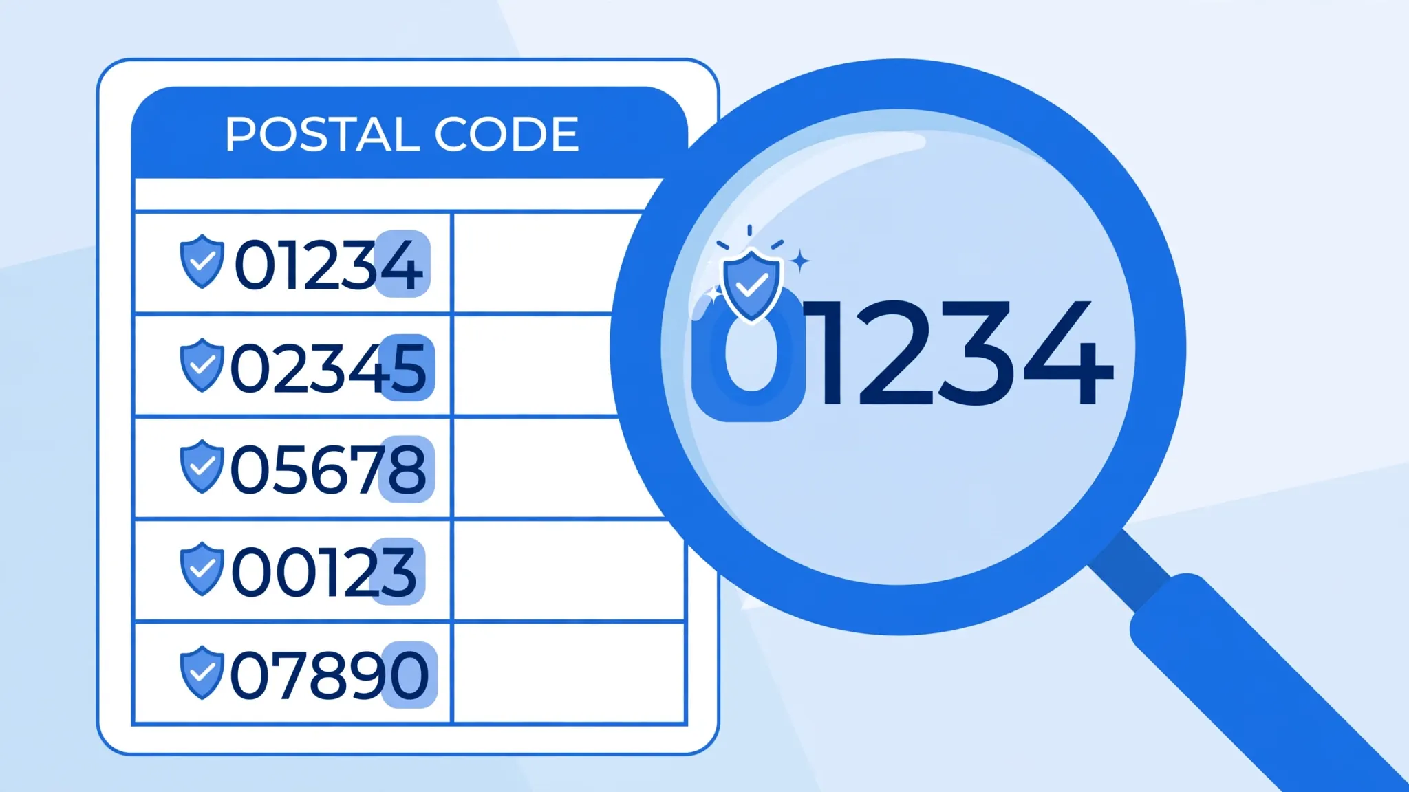 Magnifying glass over a spreadsheet column of postal codes with leading zeros highlighted and preserved