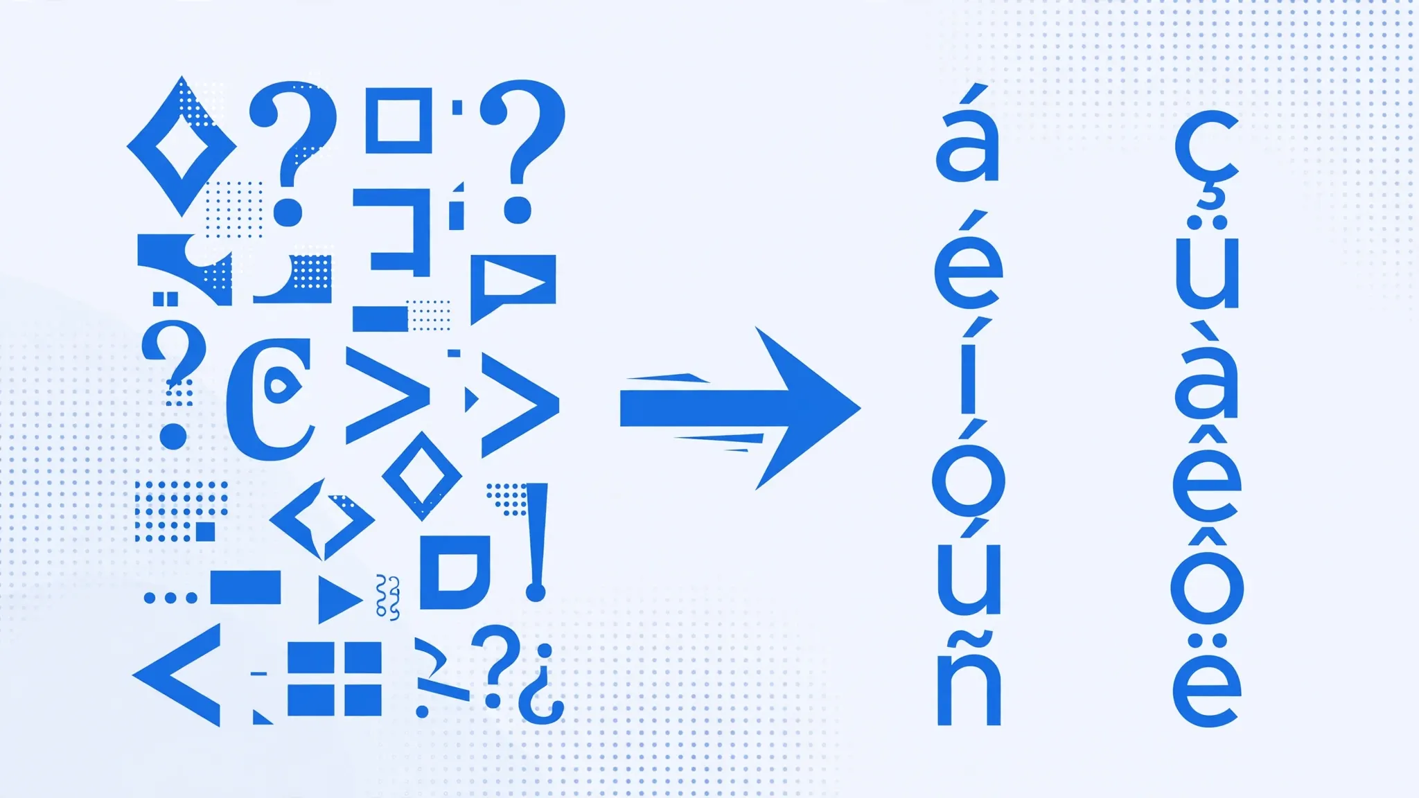 Garbled mojibake character symbols transforming through an arrow into clean readable characters