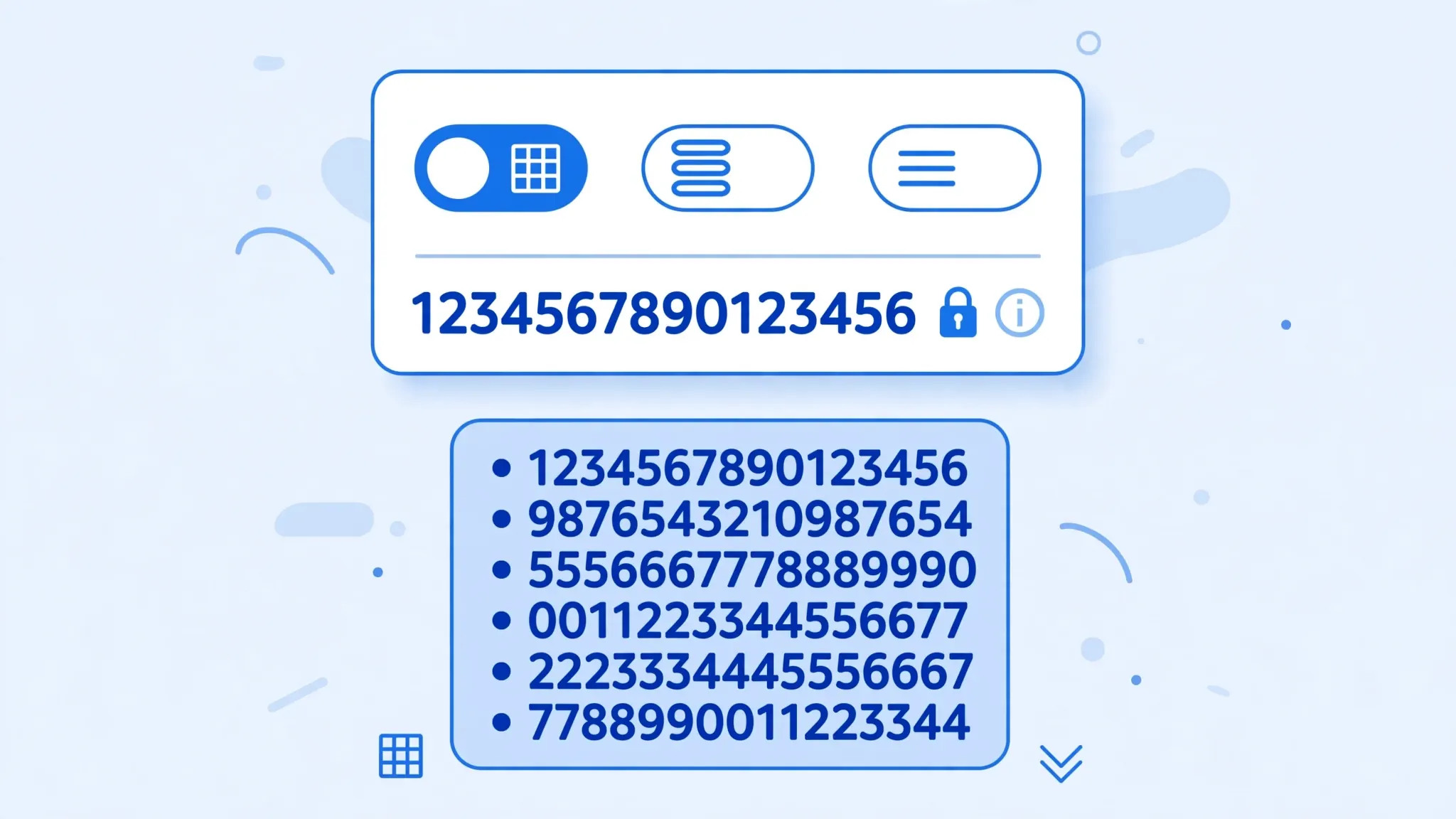 Spreadsheet number-format panel with General, Number and Text options above a column of digits