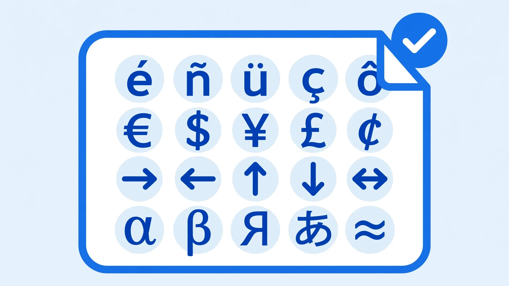 Grid of special character glyphs including accented letters and currency symbols inside a document with a checkmark