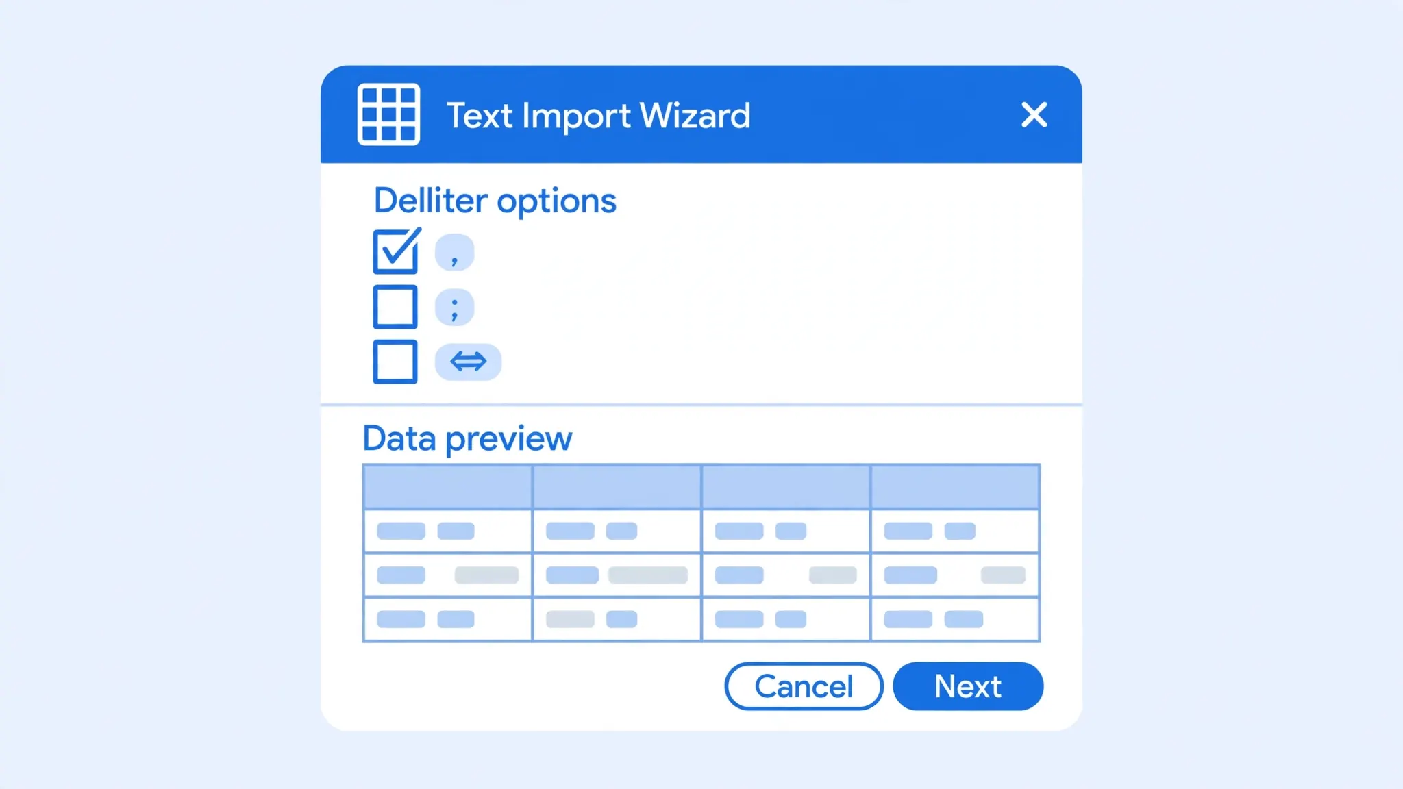 Text Import Wizard dialog with delimiter checkboxes for comma, semicolon and tab above a data preview grid