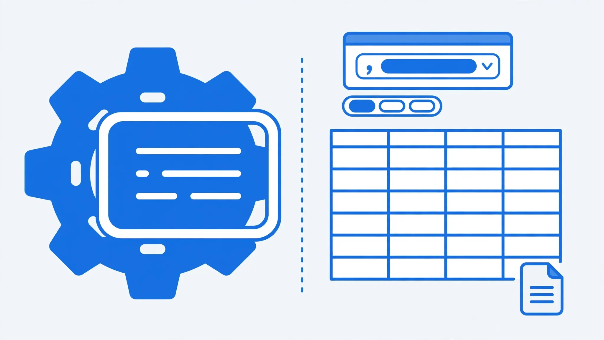 Settings gear beside a spreadsheet representing the Windows Region list-separator setting