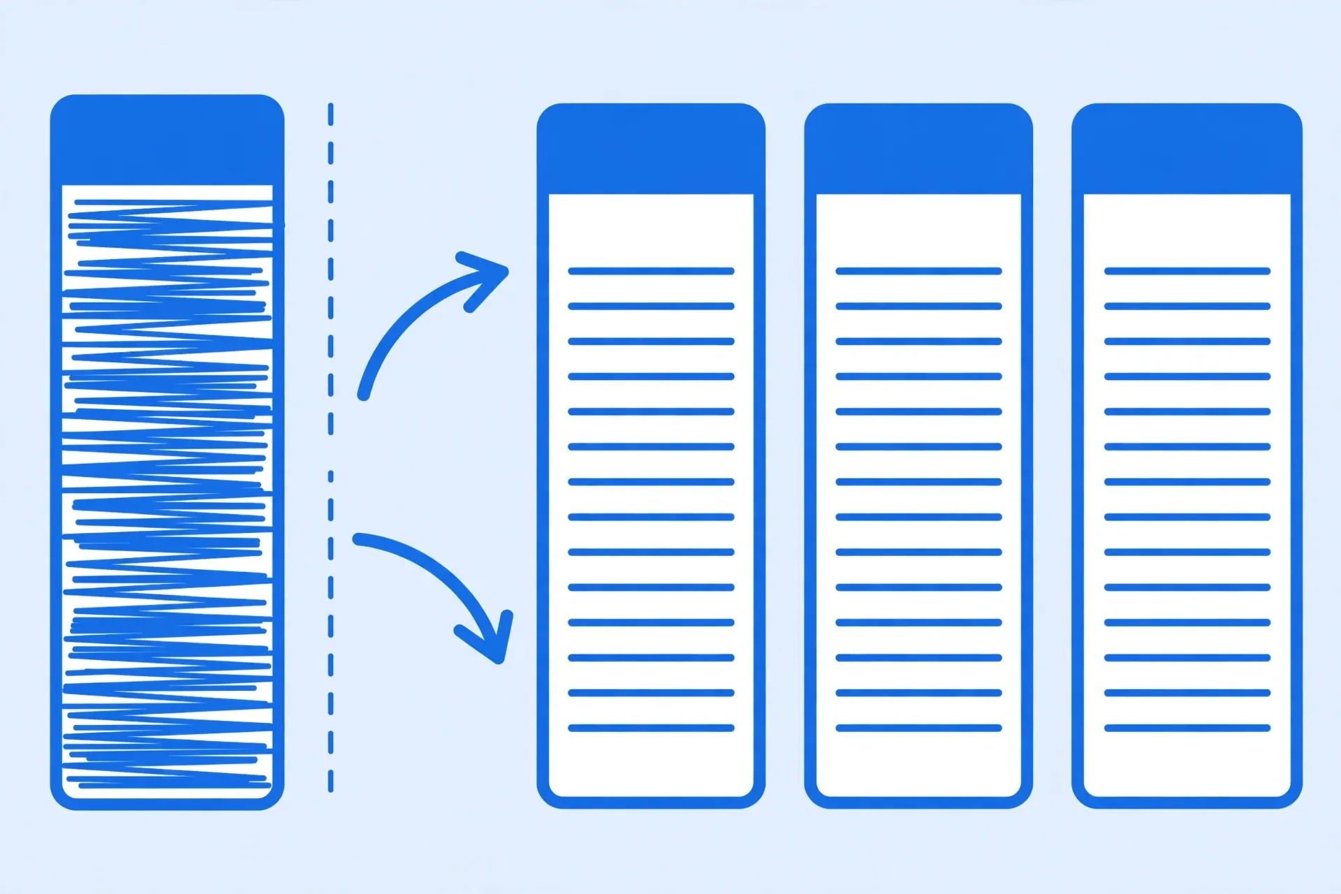 Text to Columns wizard splitting one spreadsheet column into three columns with divider lines and arrows