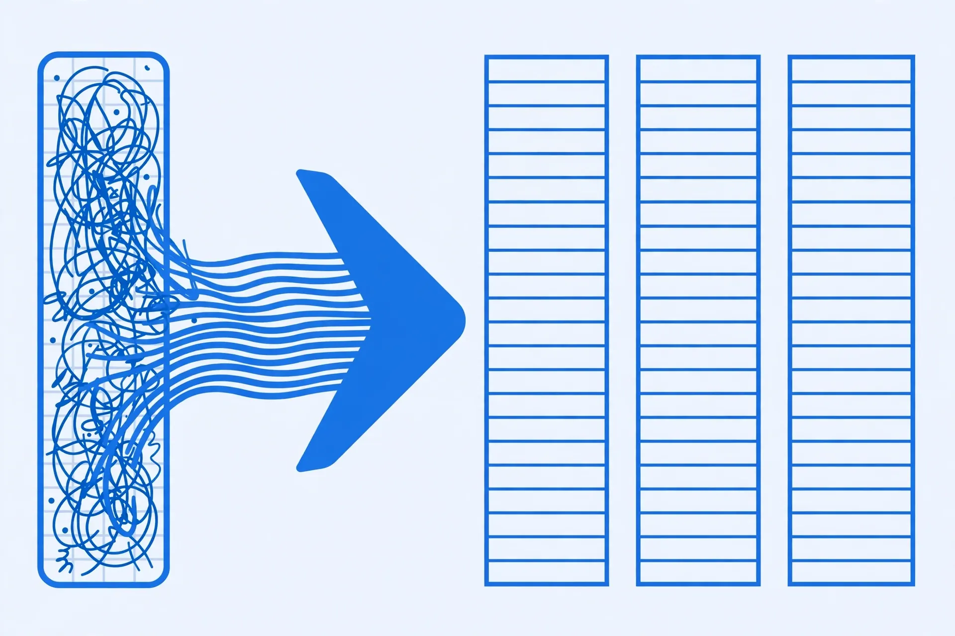 A single crowded spreadsheet column flowing through an arrow into three neat separated columns