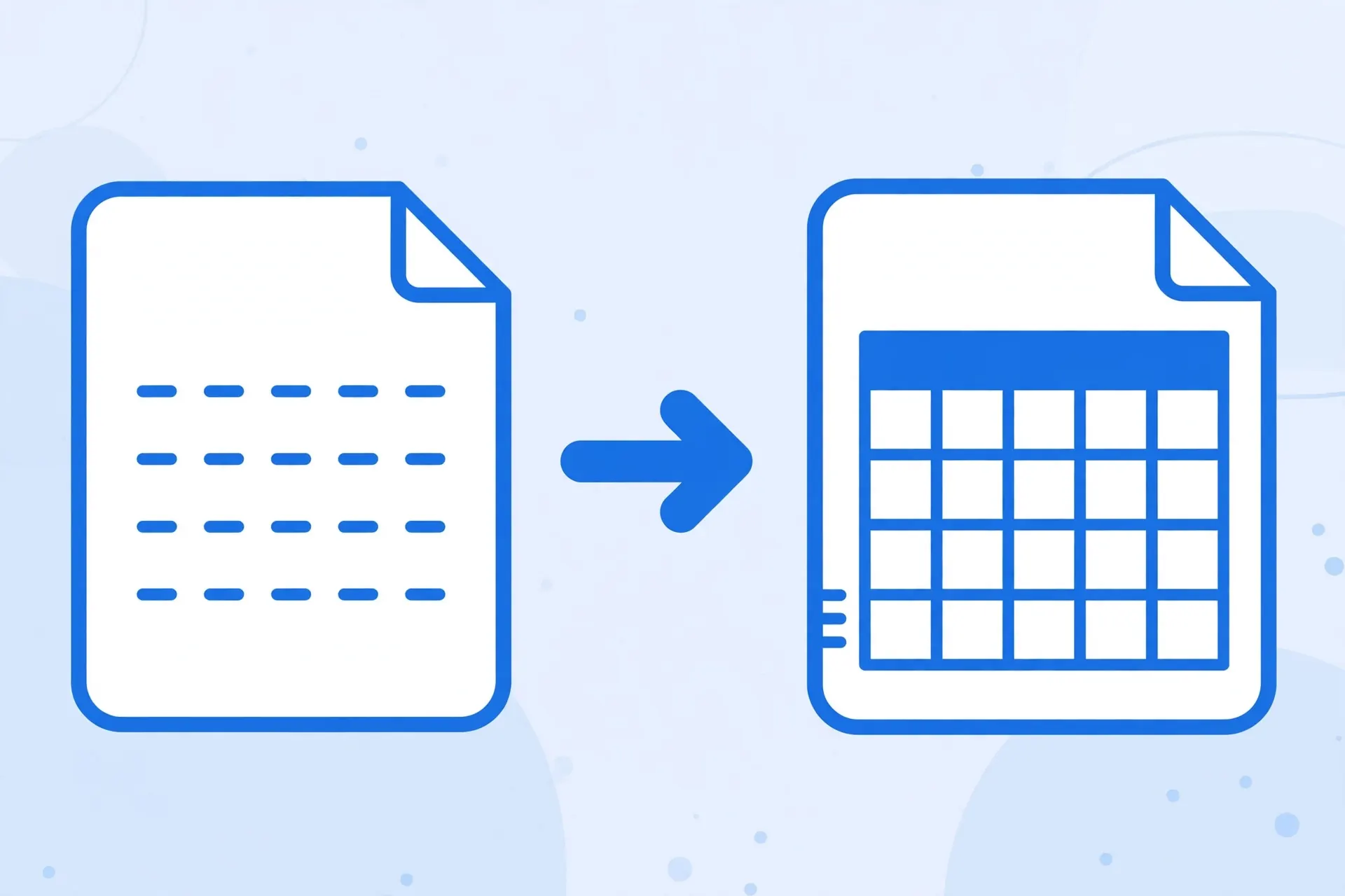 A CSV text document icon converting through an arrow into a structured Excel workbook with clean columns