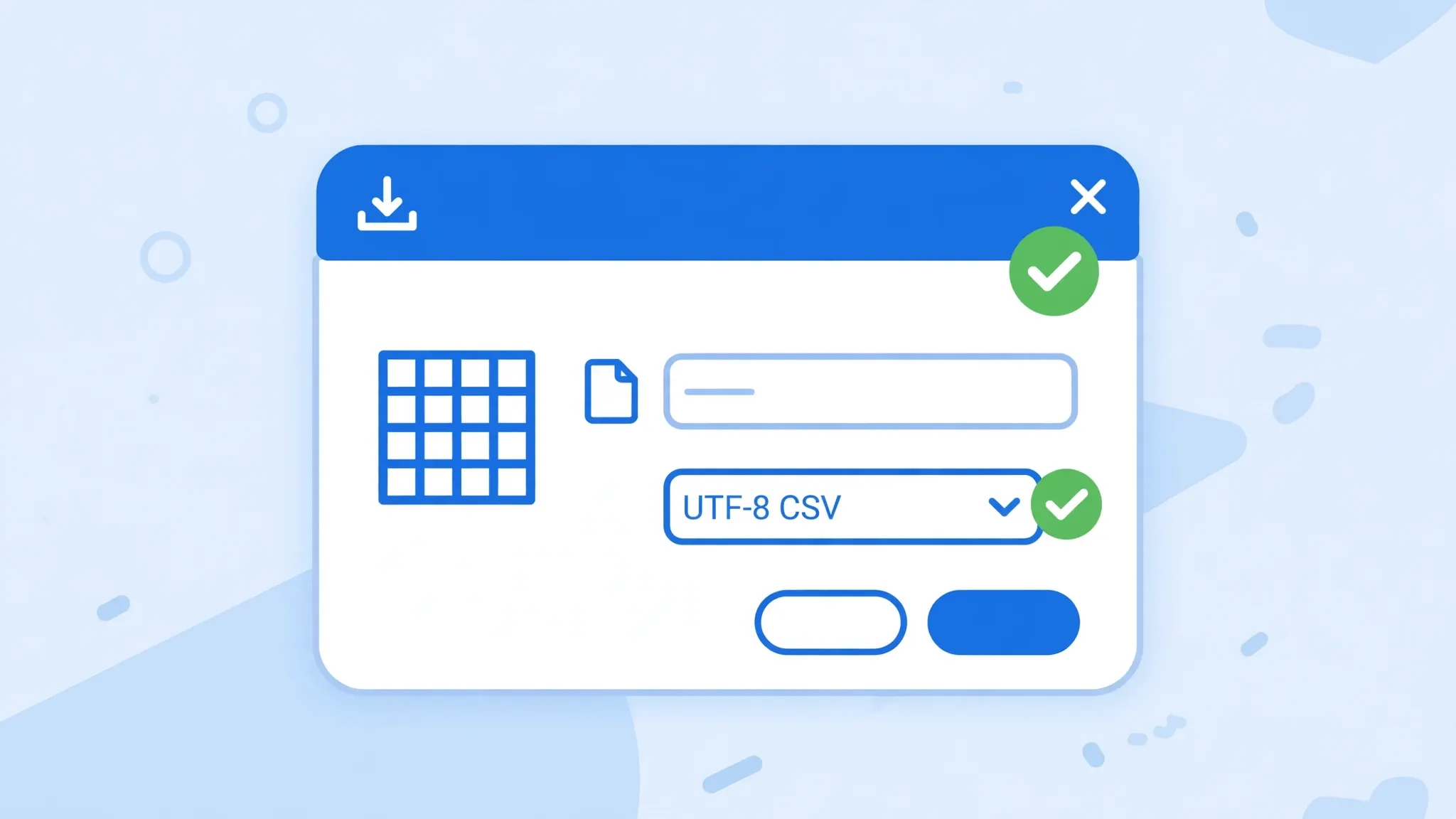 Save dialog window with the file type dropdown set to a UTF-8 CSV option and a green checkmark