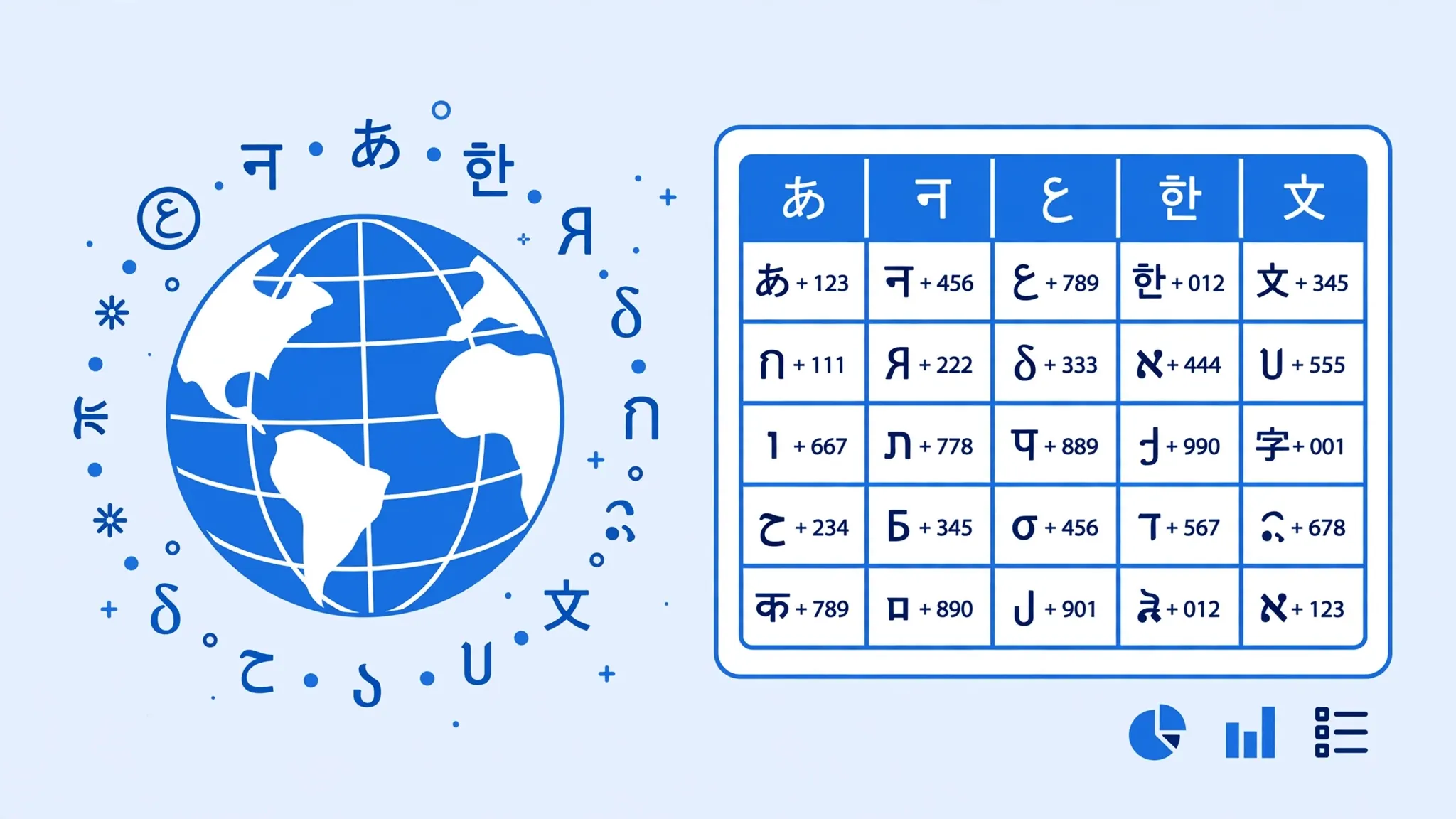 Globe surrounded by character glyphs from different world writing systems beside a spreadsheet
