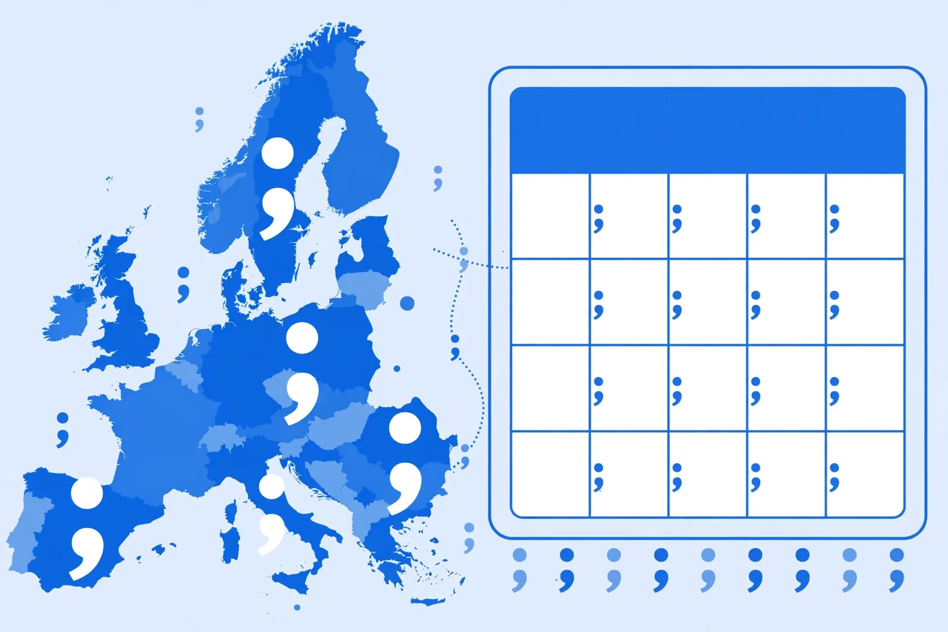 Map of Europe with semicolon symbols overlaid beside a spreadsheet