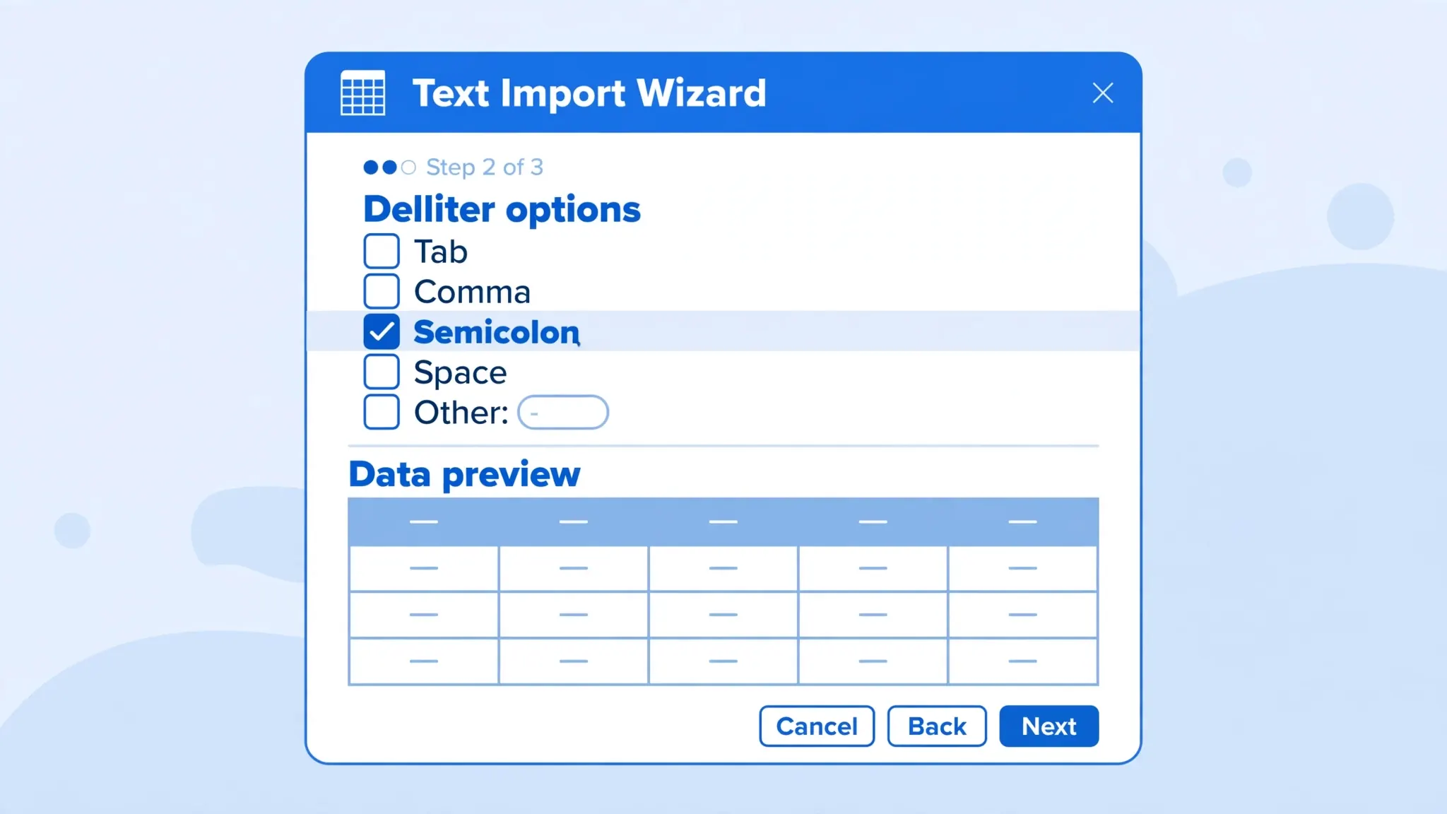 Import wizard dialog with the semicolon delimiter checkbox ticked and a clean column preview