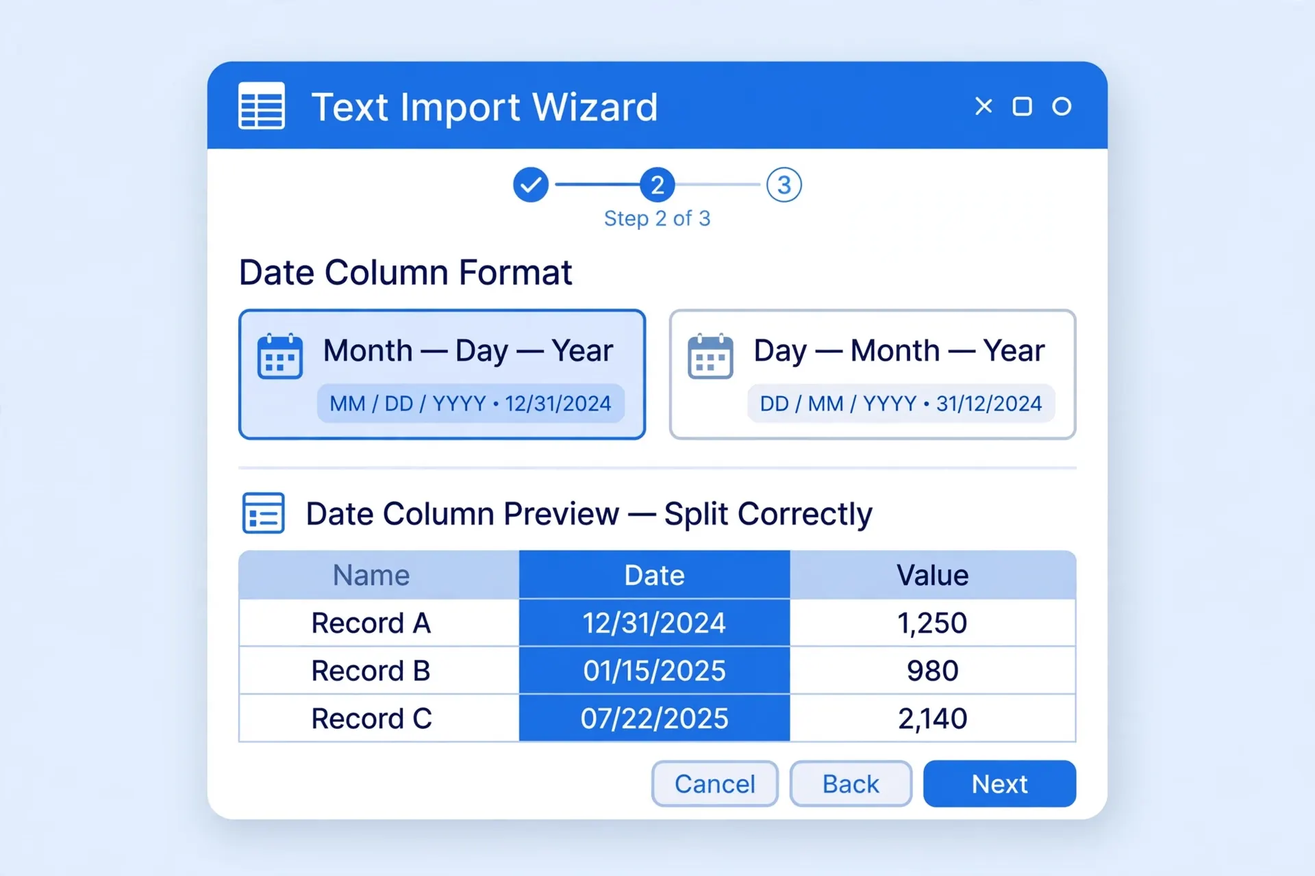 Import wizard dialog showing date column format options for month-day-year versus day-month-year