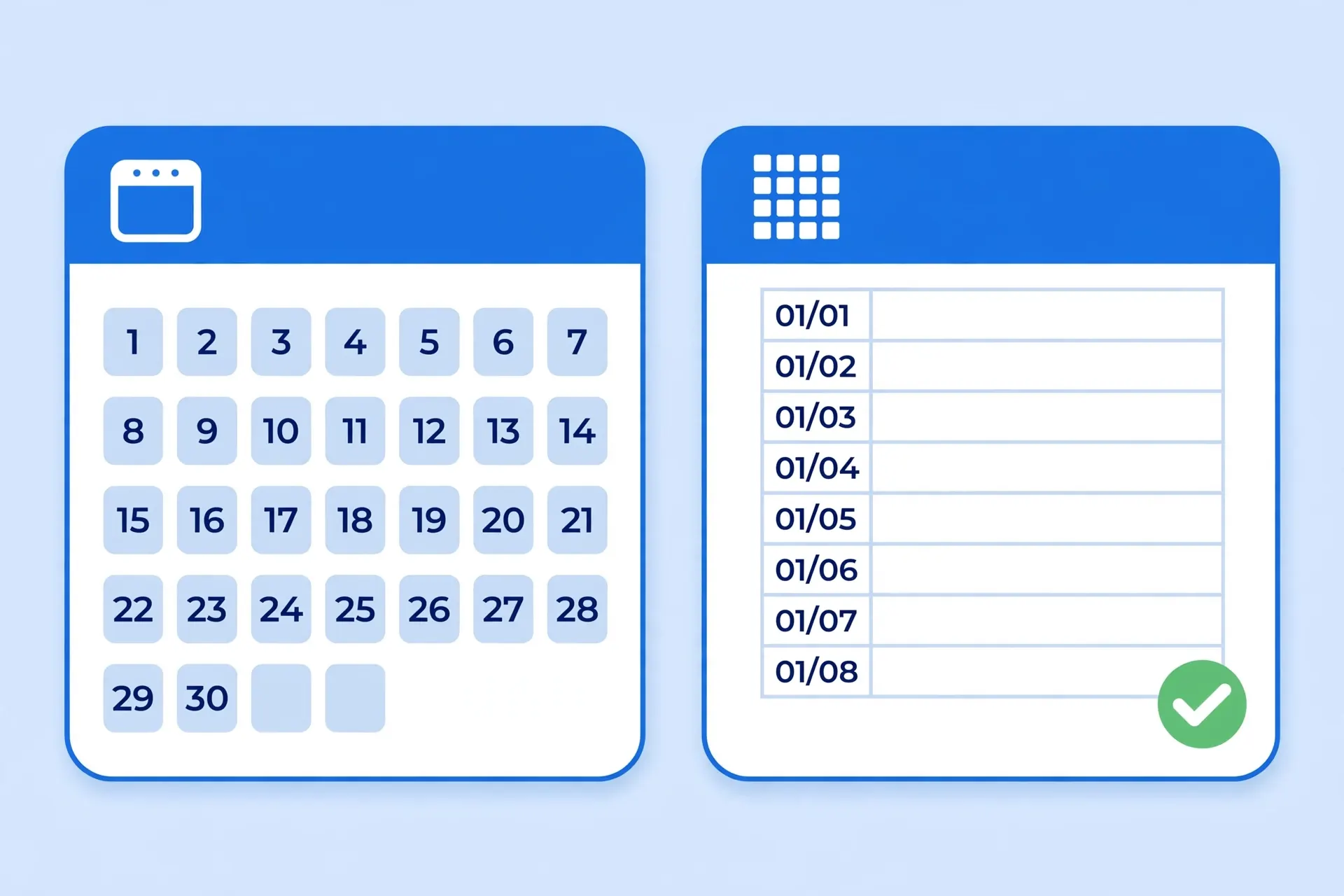 Calendar page with dates in chronological order beside a sorted spreadsheet date column