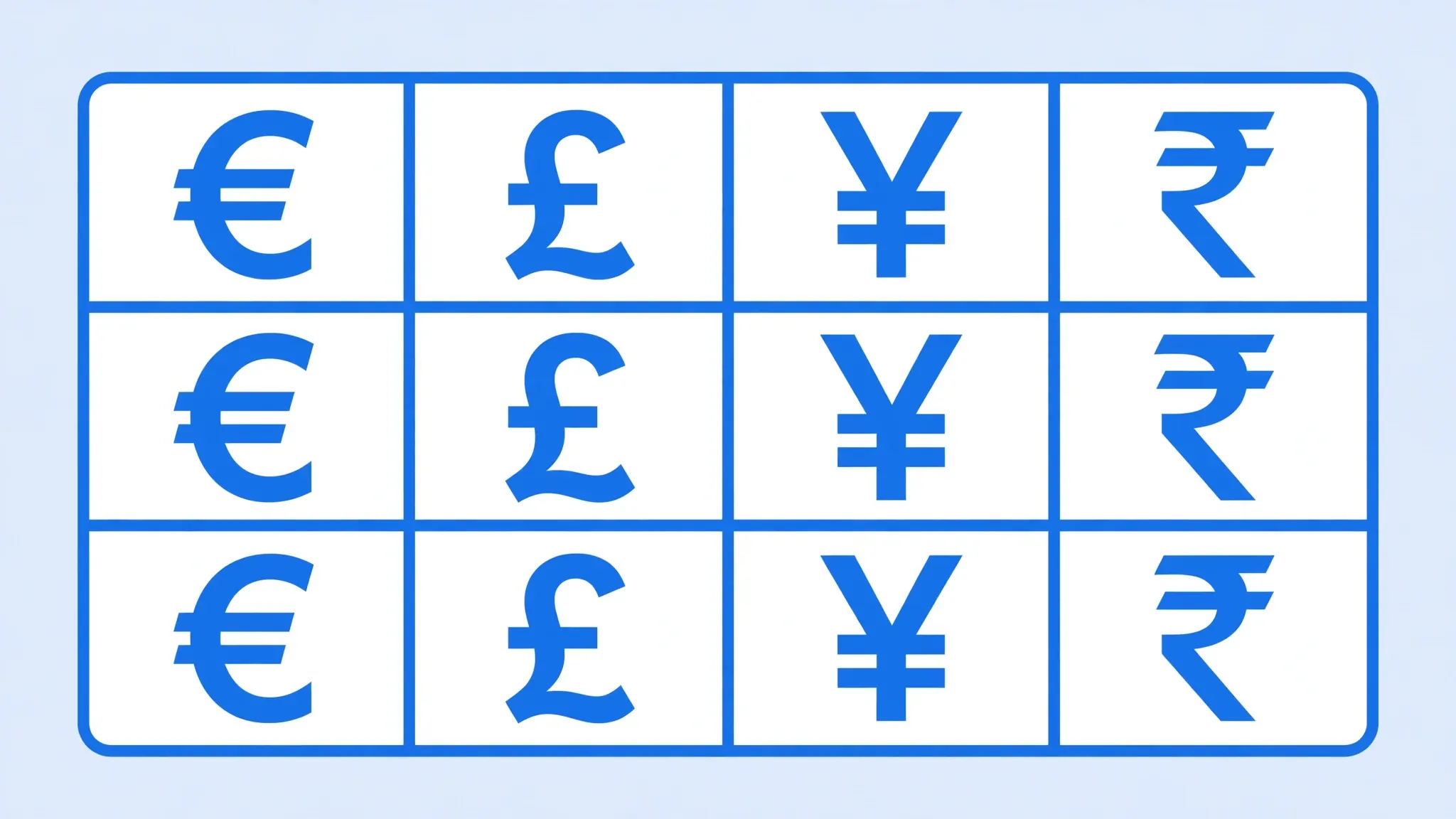 Spreadsheet cells with euro, pound, yen and rupee currency symbols displayed correctly