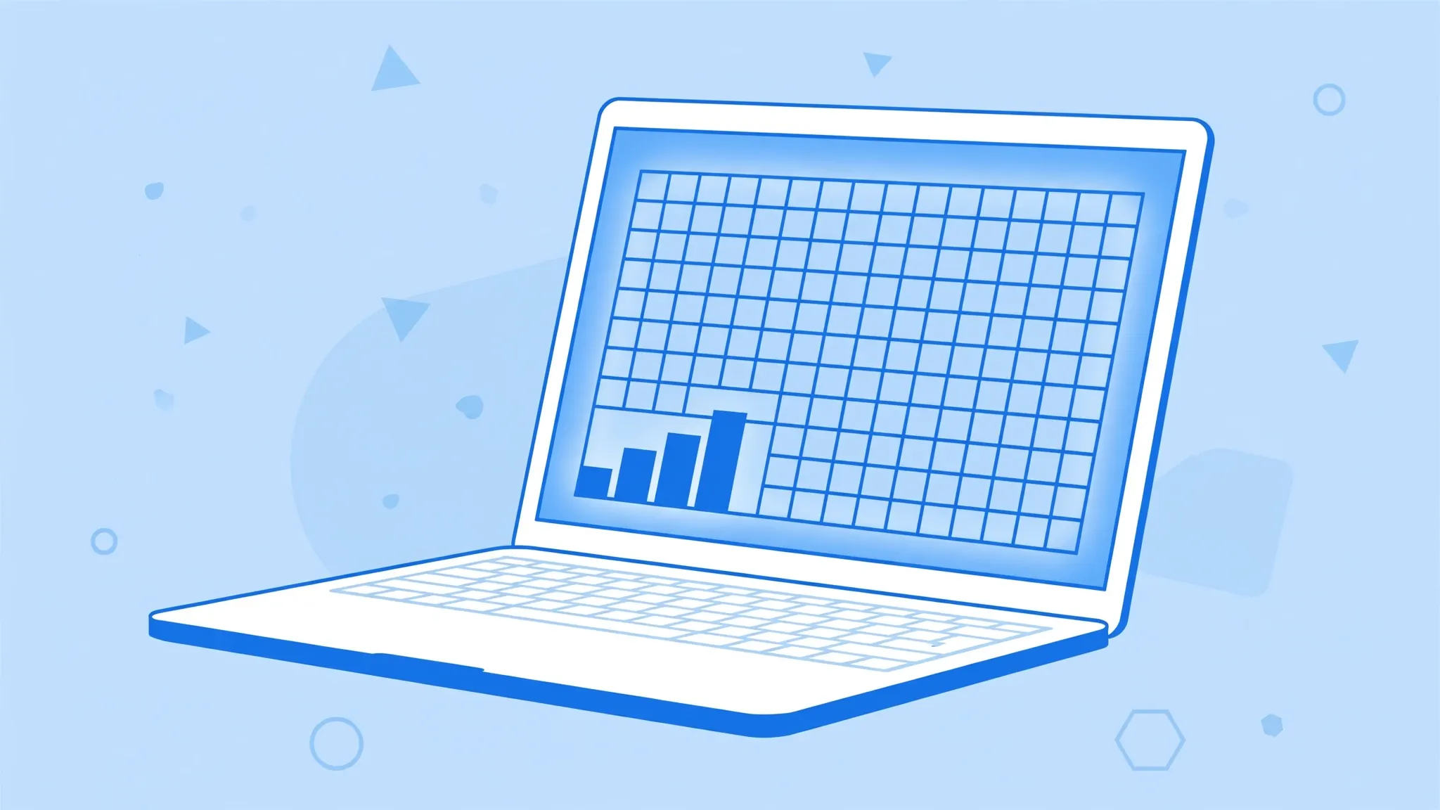 Flat vector illustration of a MacBook laptop displaying a blue spreadsheet grid on its screen