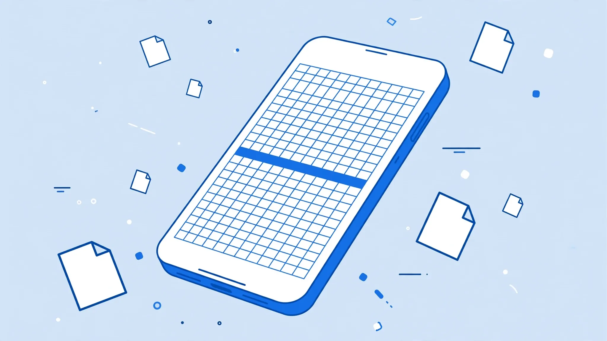 Flat vector illustration of an iPhone displaying a spreadsheet app with rows of data