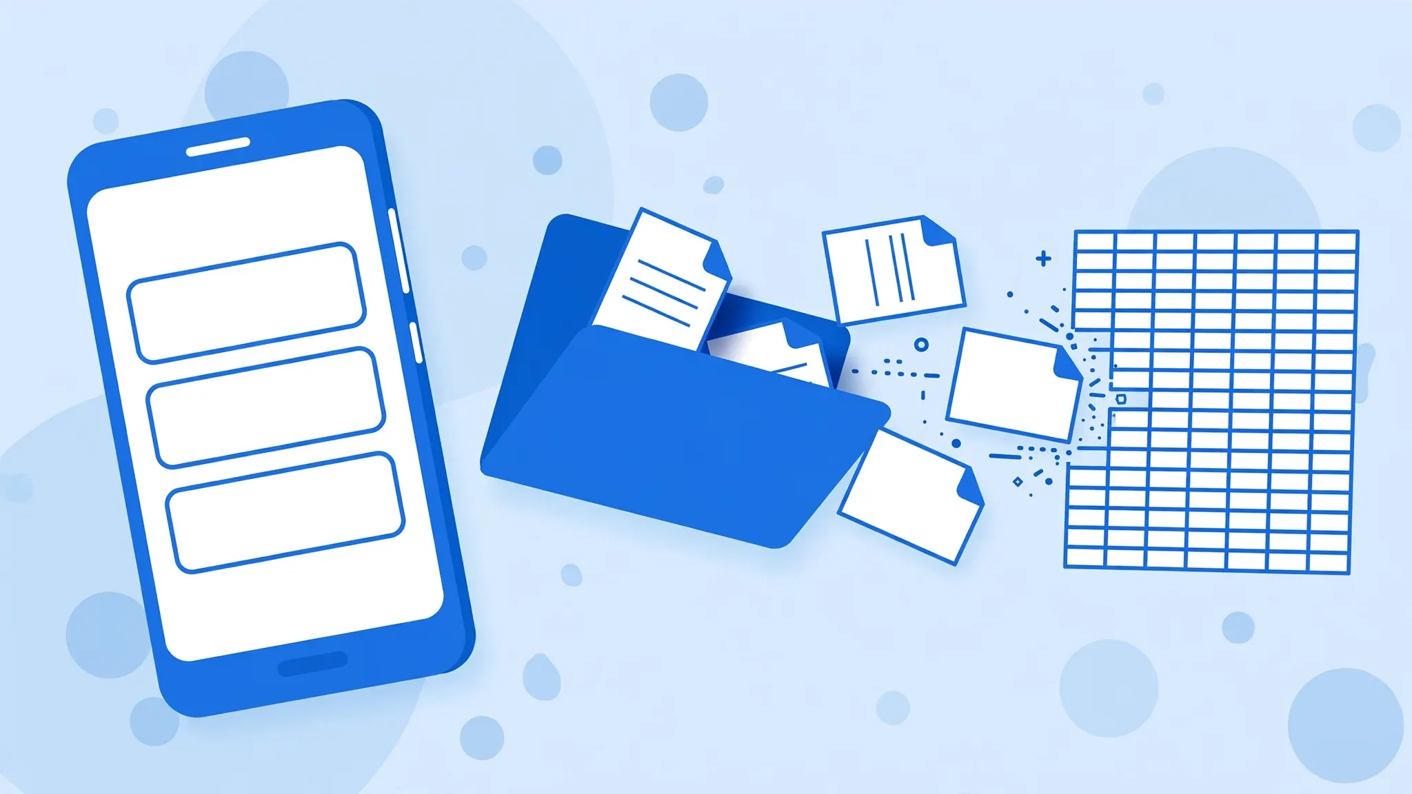 Flat vector illustration of an Android phone with document files converting into a spreadsheet